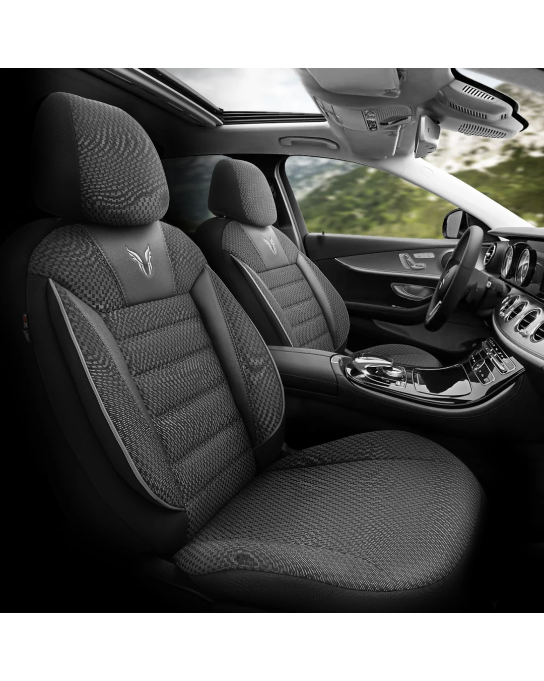 Комплект Луксозна Тапицерия OTOM текстил с еко кожа TORO Design – Черна със сив шев, за Предни и Задни Седалки