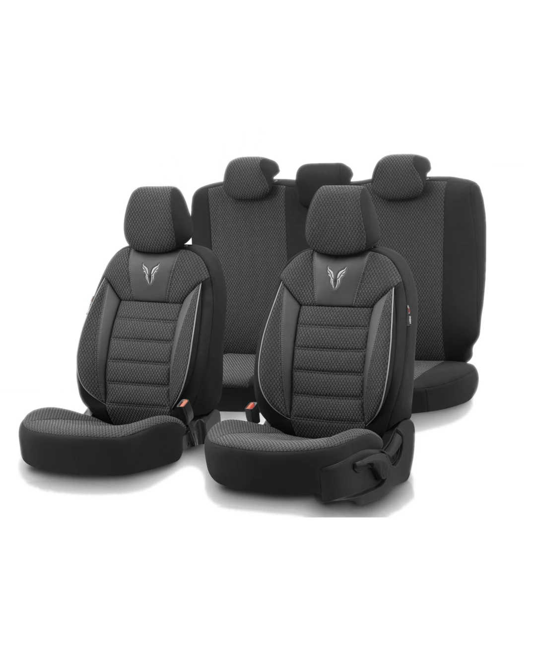 Комплект Луксозна Тапицерия OTOM текстил с еко кожа TORO Design – Черна със сив шев, за Предни и Задни Седалки