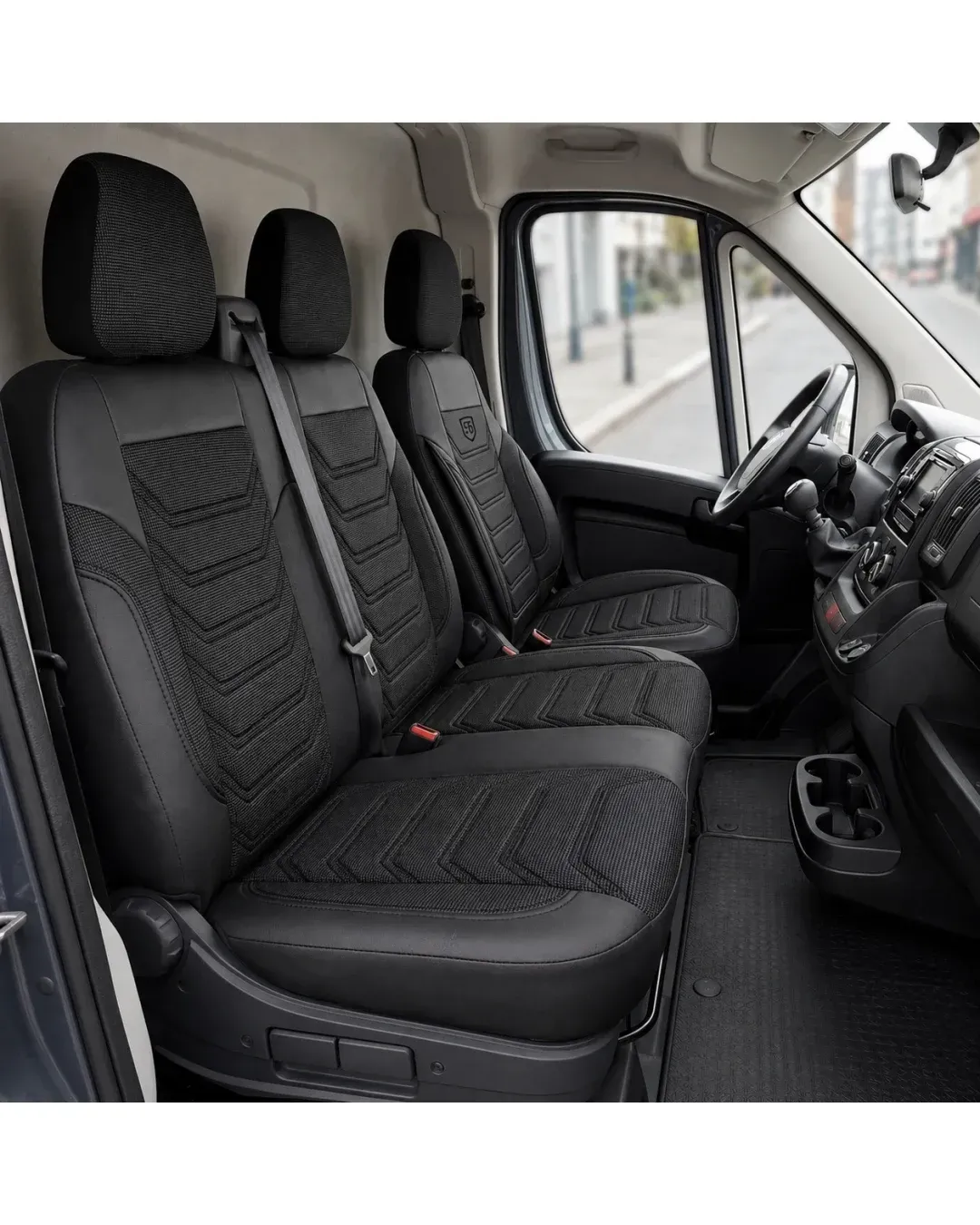 Комплект луксозна тапицерия PANDA за FIAT DUCATO / PEUGEOT BOXER / CITROEN JUMPER 2006-2024, Еко кожа и текстил, Черно/Сиво