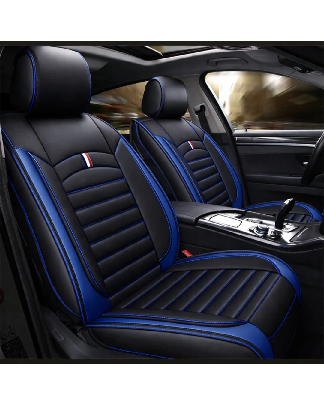 Комплект Луксозна универсална кожена тапицерия, Черна със син шев за Предни и Задни седалки