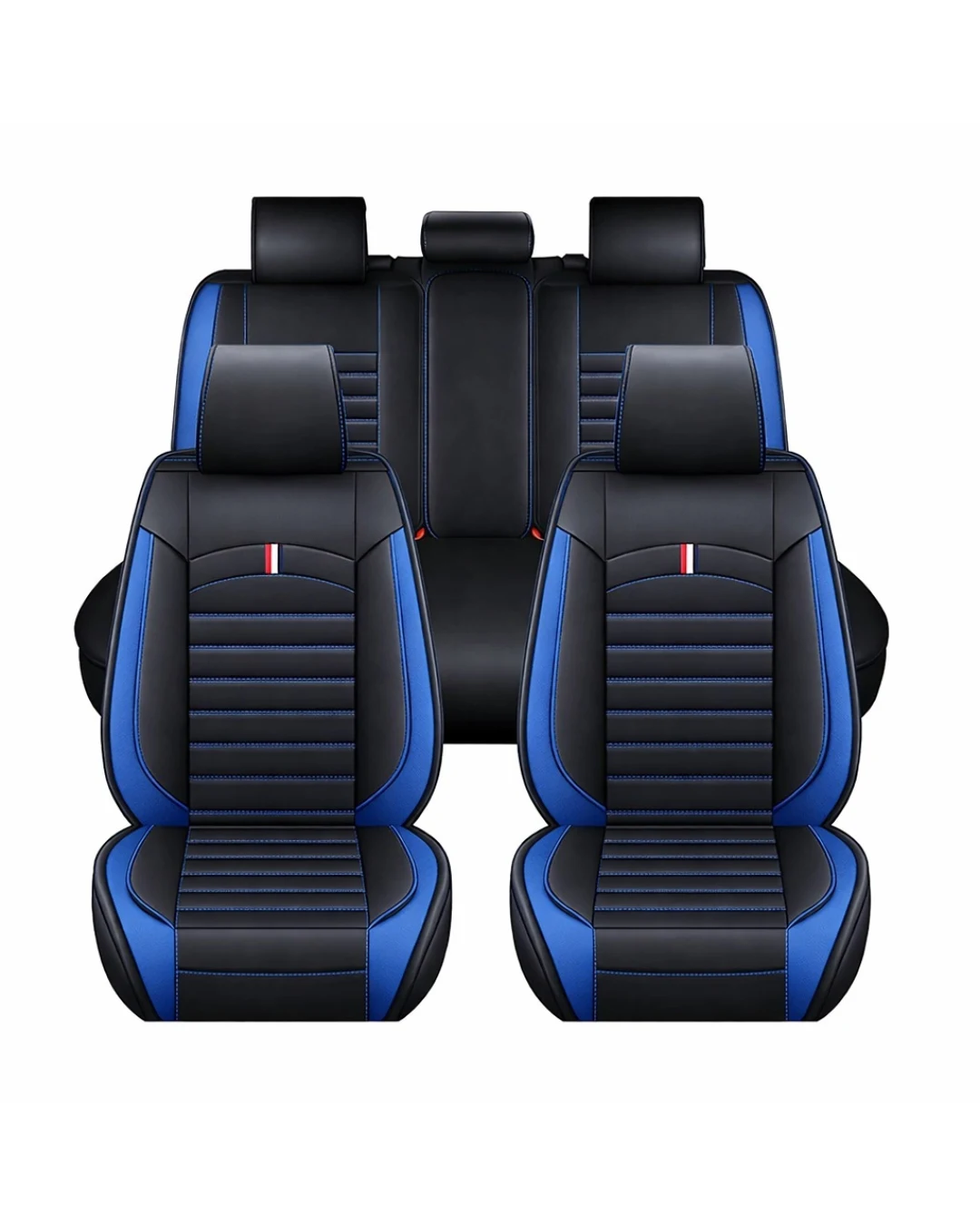 Комплект Луксозна универсална кожена тапицерия, Черна със син шев за Предни и Задни седалки