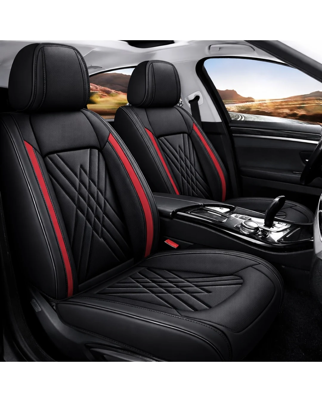 Комплект Луксозна универсална кожена тапицерия, Черно с червено за Предни и Задни седалки