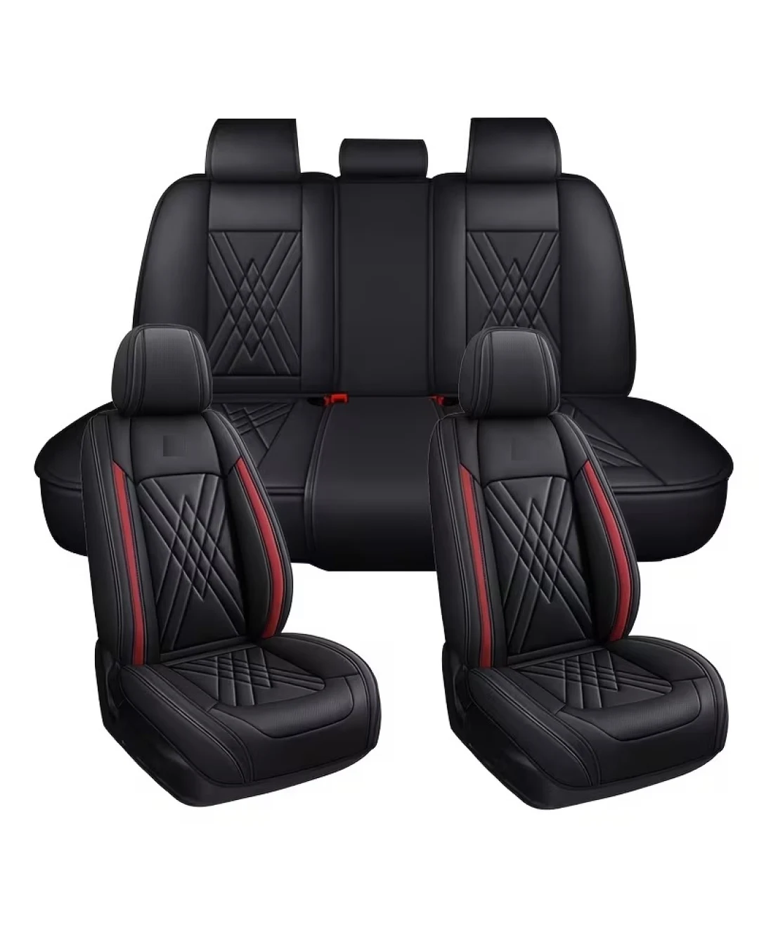 Комплект Луксозна универсална кожена тапицерия, Черно с червено за Предни и Задни седалки