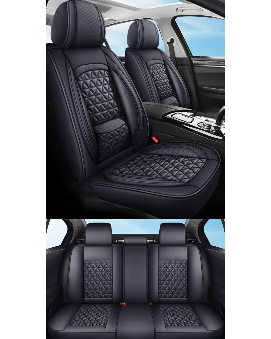 Комплект Луксозна универсална кожена тапицерия с Вградена Лумбална Опора, Черна, за Предни и Задни седалки