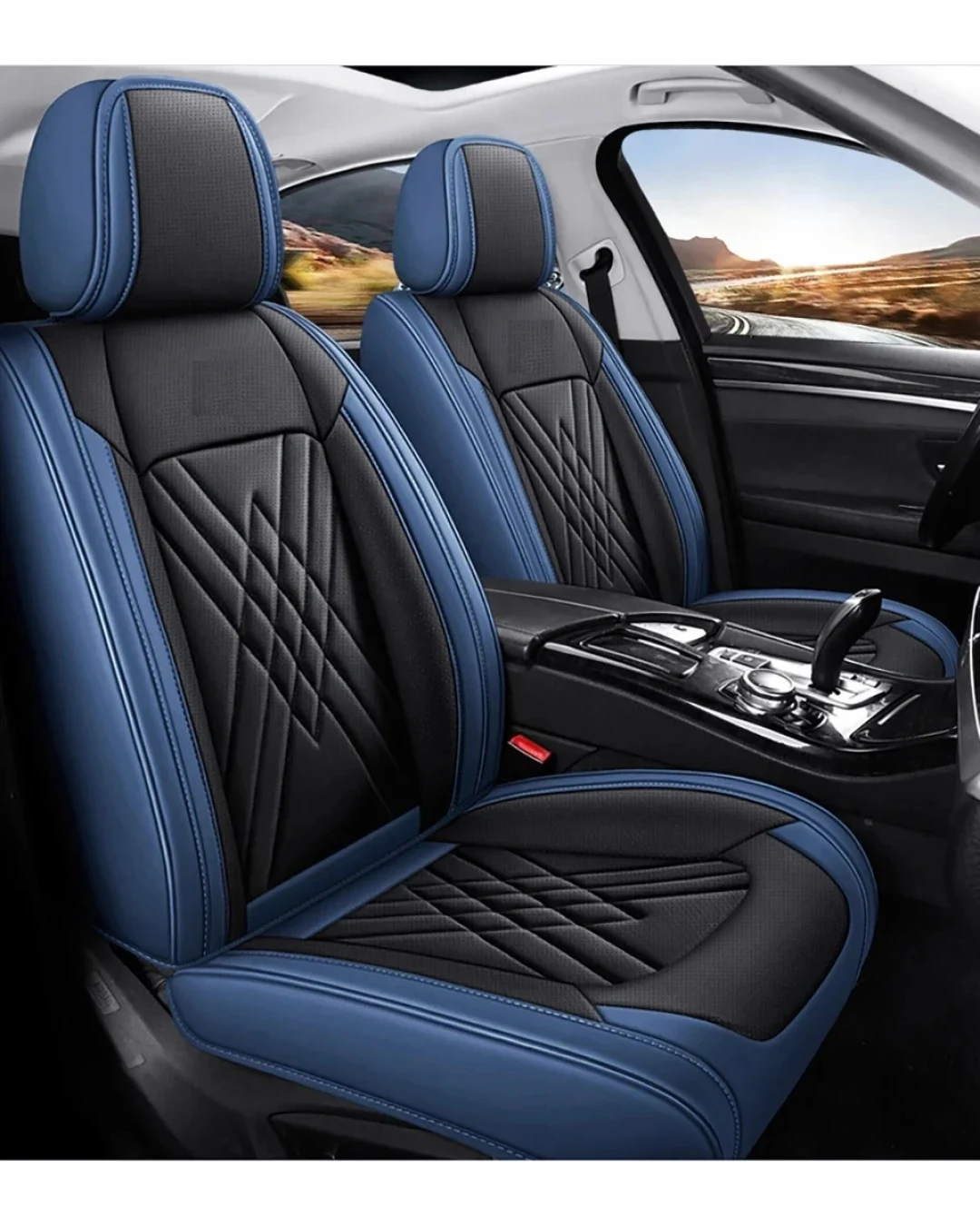 Комплект Луксозна универсална кожена тапицерия, синьо и черно за Предни и Задни седалки