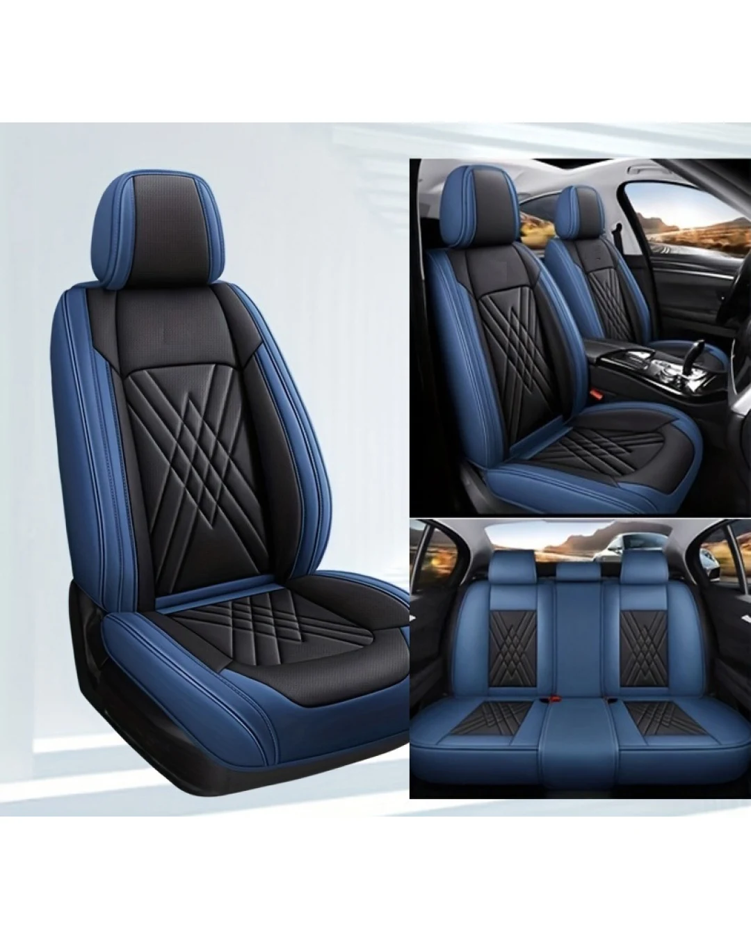 Комплект Луксозна универсална кожена тапицерия, синьо и черно за Предни и Задни седалки