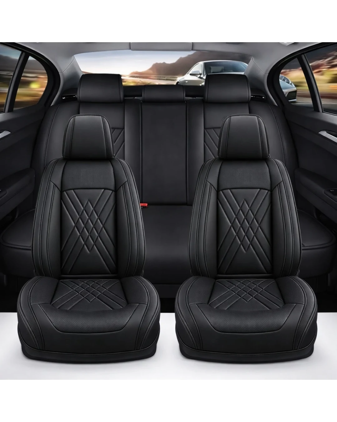 Комплект Луксозна универсална тапицерия кожа, Черна за Предни и Задни седалки