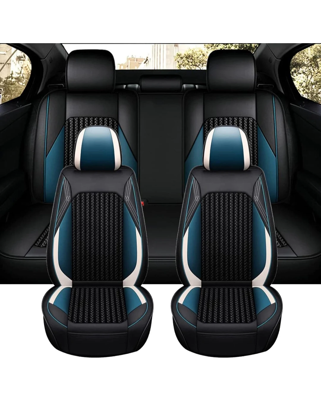 Комплект Луксозна универсална тапицерия кожа с текстил, Черна с бял и син акцент, За Предни и Задни седалки