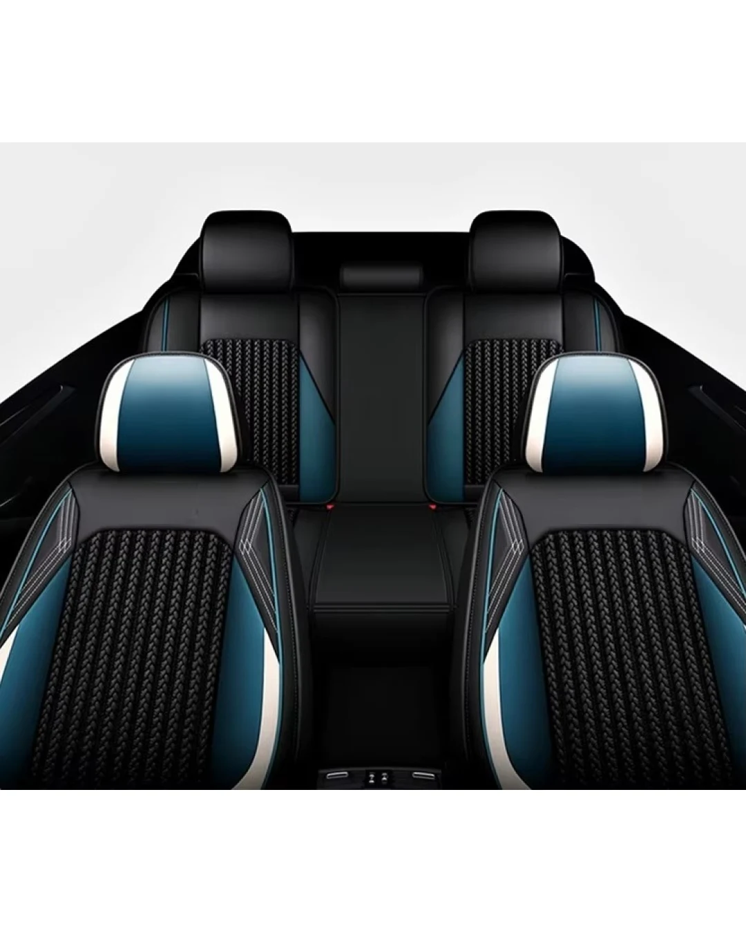 Комплект Луксозна универсална тапицерия кожа с текстил, Черна с бял и син акцент, За Предни и Задни седалки