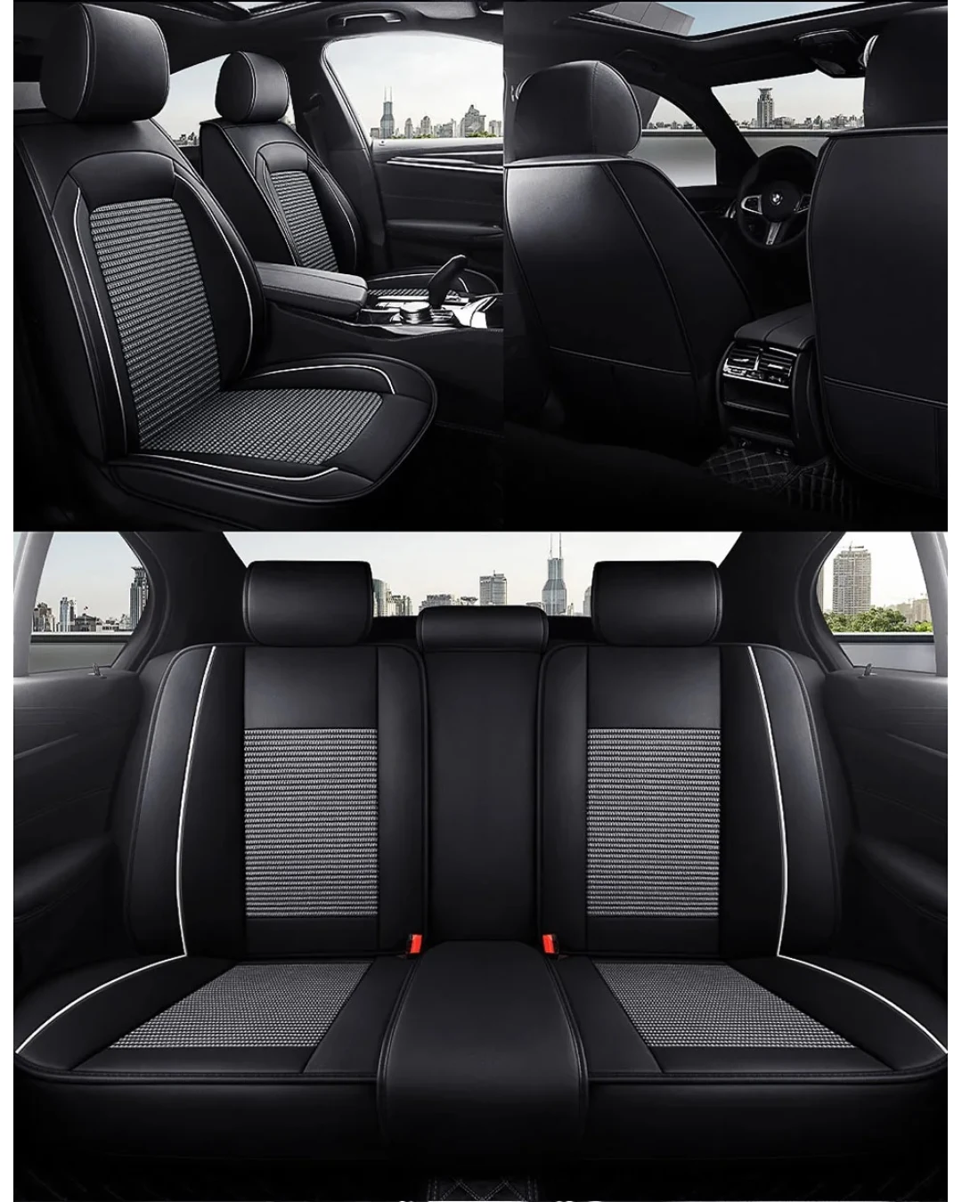 Комплект Луксозна универсална тапицерия кожа с текстил, Черна с бял кант за Предни и Задни седалки