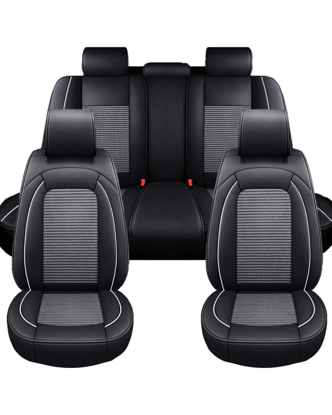 Комплект Луксозна универсална тапицерия кожа с текстил, Черна с бял кант за Предни и Задни седалки