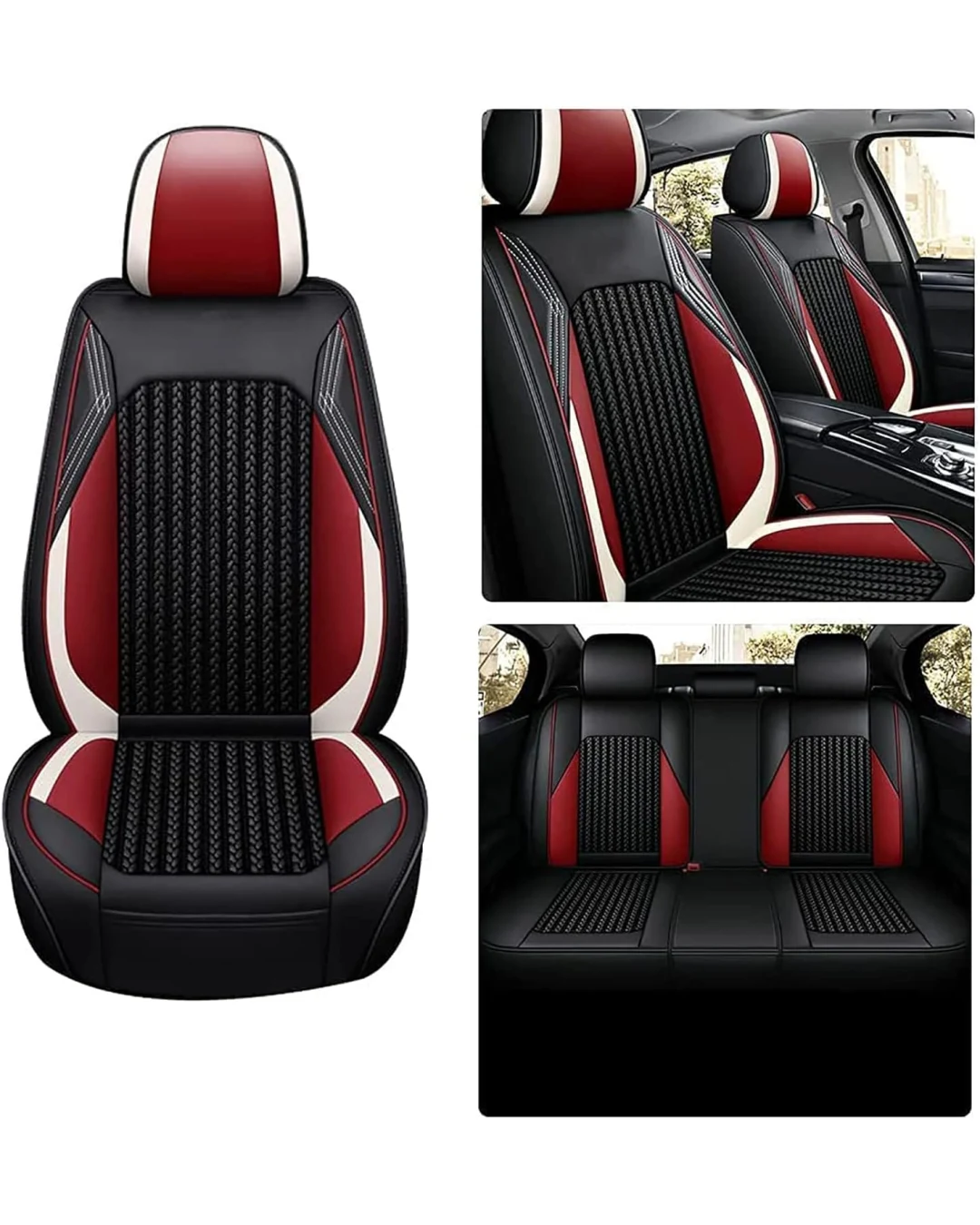 Комплект Луксозна универсална тапицерия кожа с текстил, Черна с червен и бял акцент, За Предни и Задни седалки