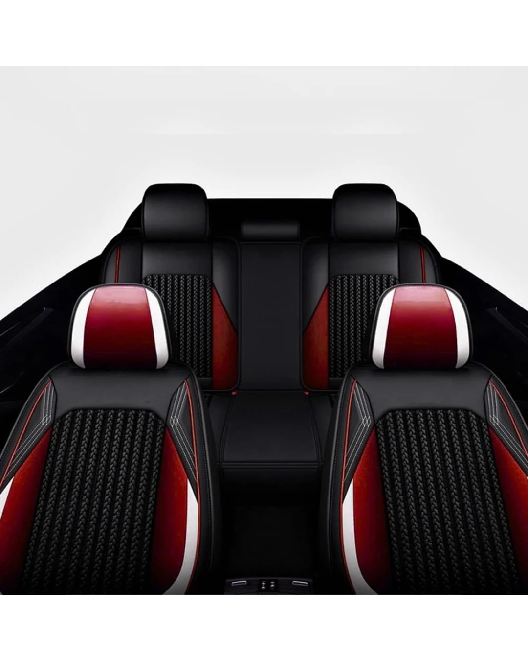 Комплект Луксозна универсална тапицерия кожа с текстил, Черна с червен и бял акцент, За Предни и Задни седалки