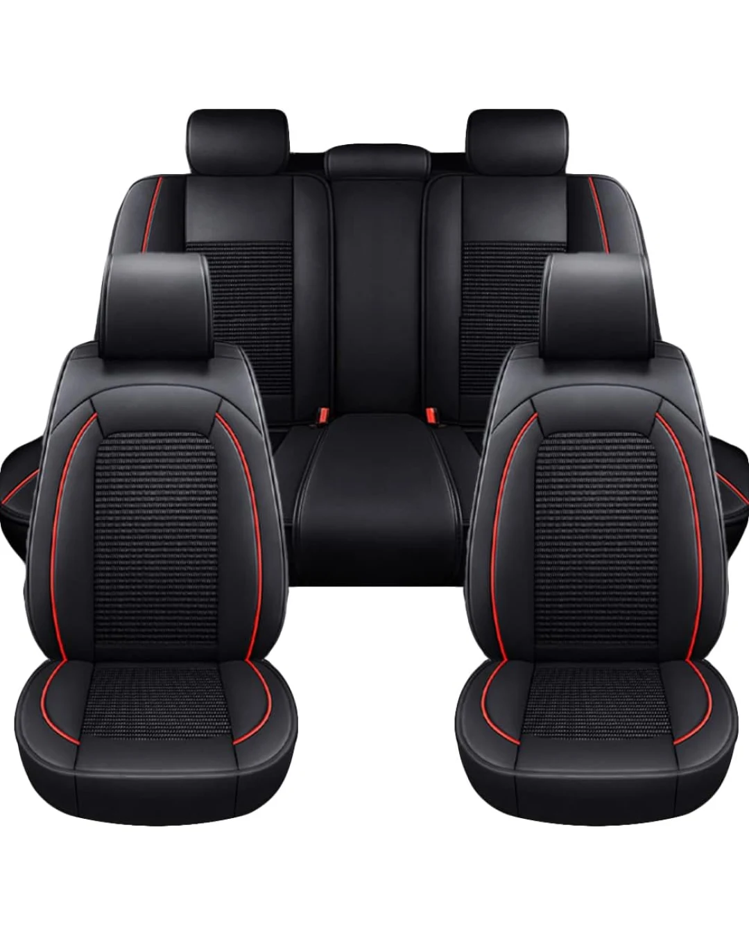 Комплект Луксозна универсална тапицерия кожа с текстил, Черна с червен шев за Предни и Задни седалки