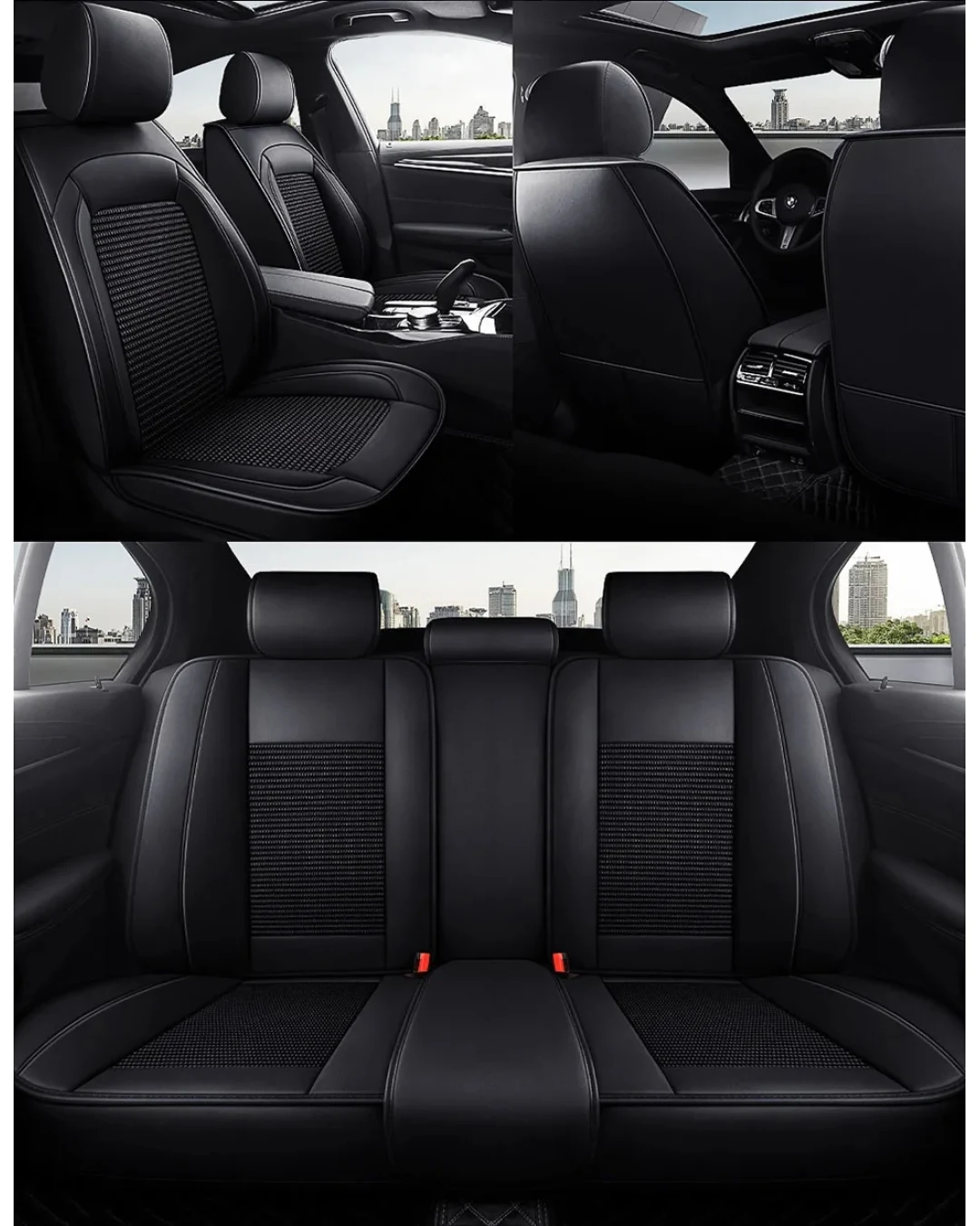 Комплект Луксозна универсална тапицерия кожа с текстил, Черна за Предни и Задни седалки