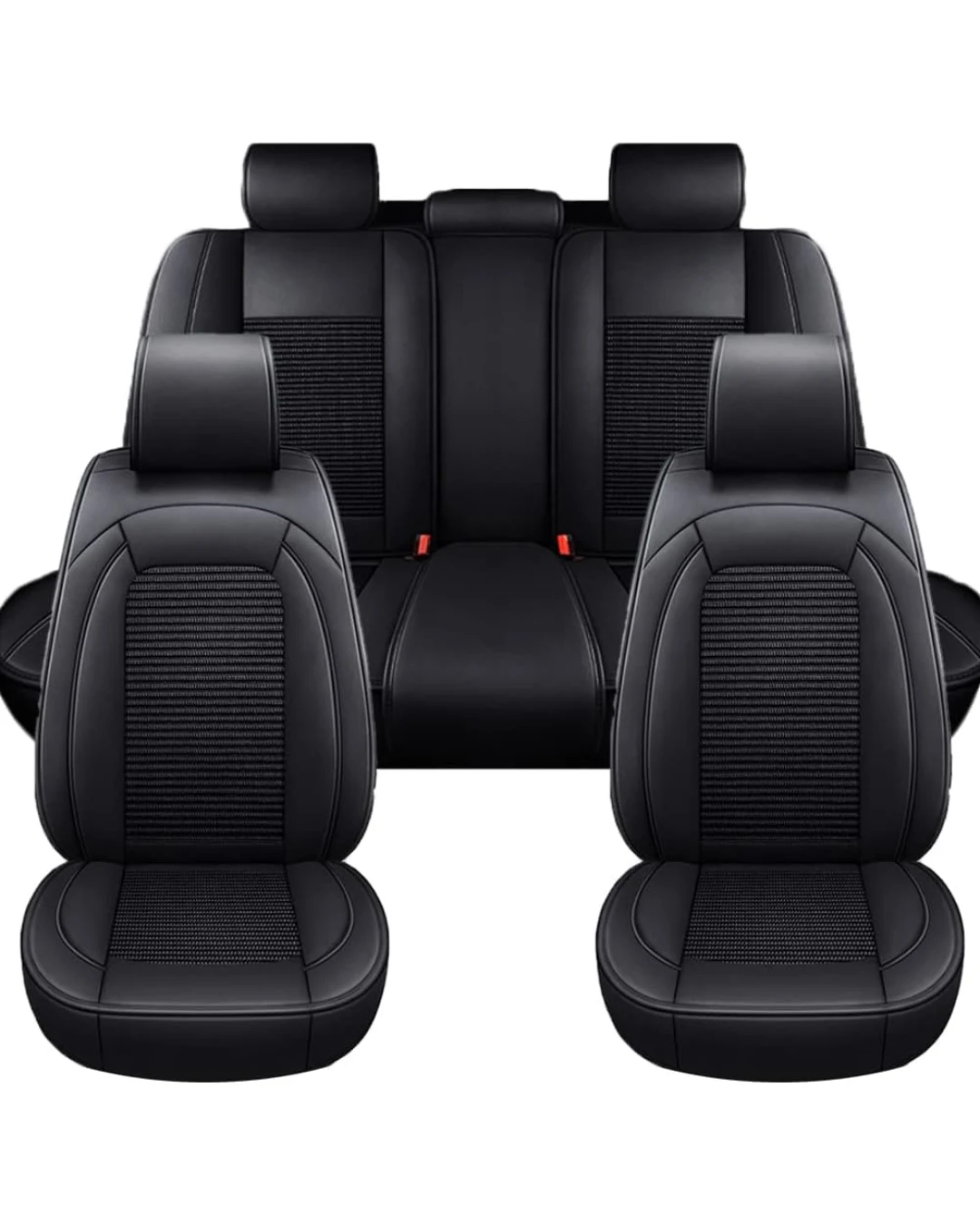 Комплект Луксозна универсална тапицерия кожа с текстил, Черна за Предни и Задни седалки