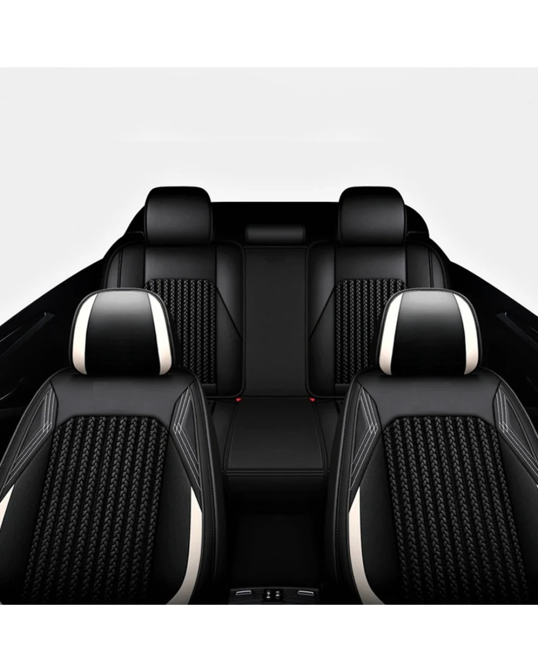 Комплект Луксозна универсална тапицерия кожа с текстил, Черно и бяло за Предни и Задни седалки