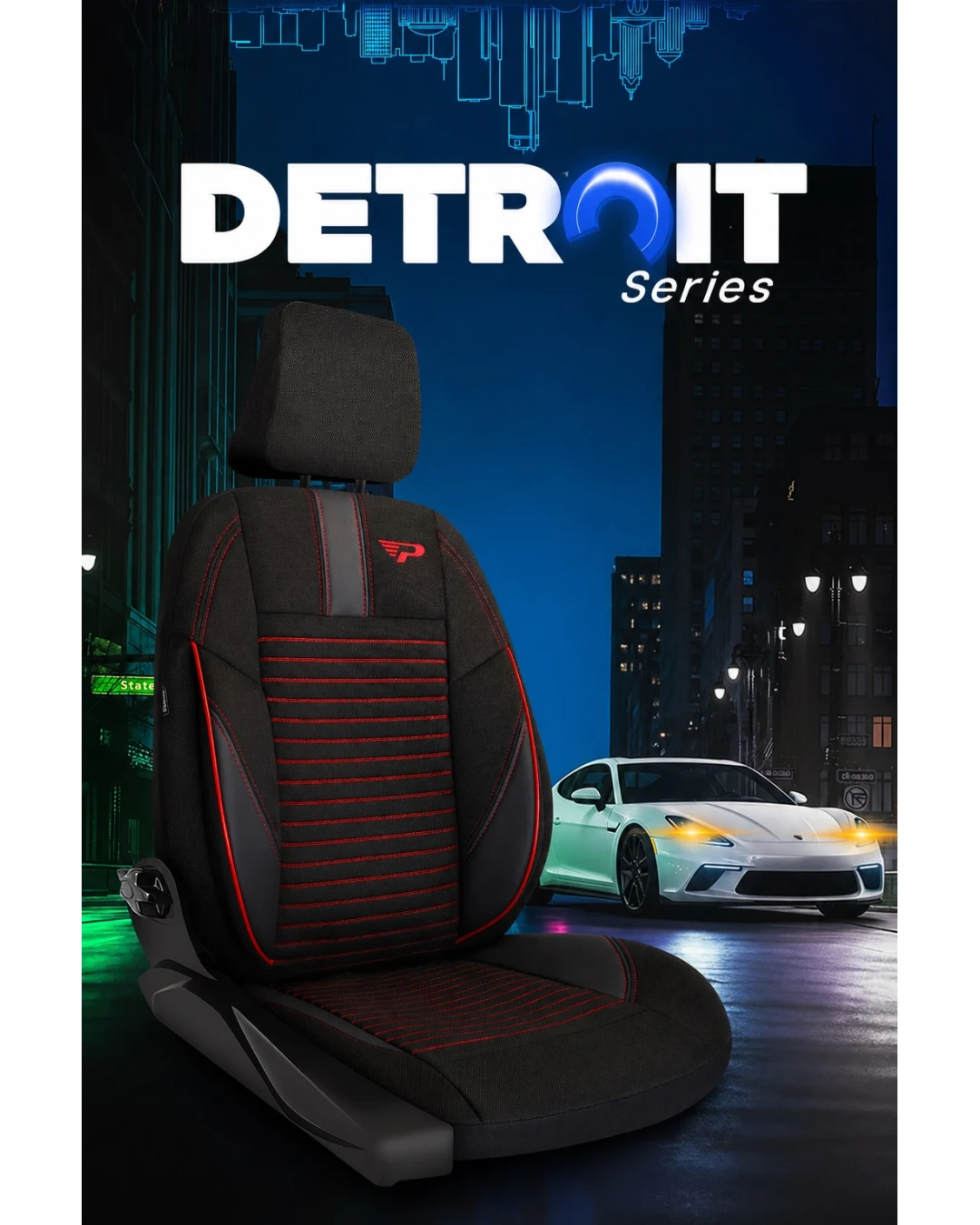 Комплект луксозна универсална тапицерия PANDA DETROIT – Еко кожа и текстил, Черно/Червено, За предни и задни седалки