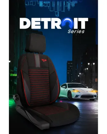 Комплект луксозна универсална тапицерия PANDA DETROIT – Еко кожа и текстил, Черно/Червено, За предни и задни седалки