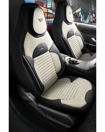 Комплект луксозна универсална тапицерия PANDA ENZO – Еко кожа и текстил, Слонова кост/Черно, За предни и задни седалки
