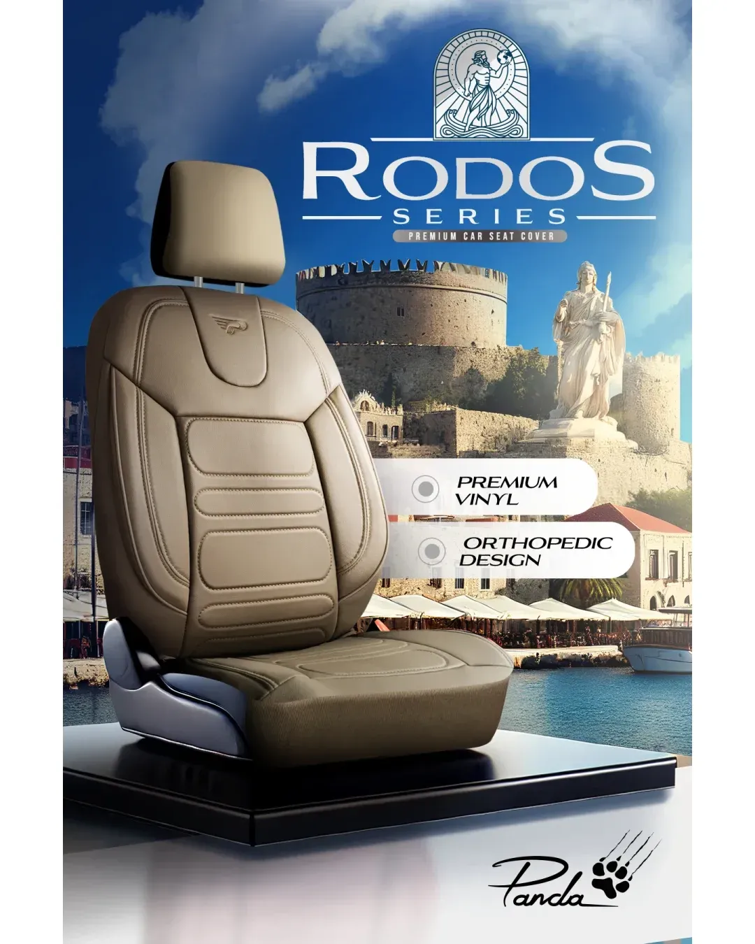 Комплект луксозна универсална тапицерия PANDA RODOS – Еко кожа, Бежово, За предни и задни седалки