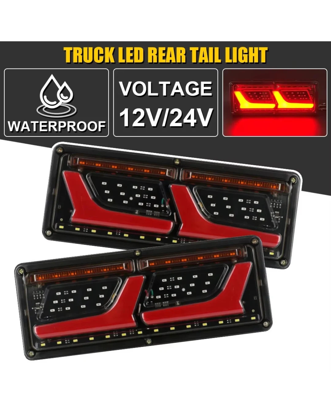 Комплект Ляв + Десен Диодни LED Лед Стопове 12V-24V с Динамичен Мигач Неон Neon Ефект 32x13cm За Бус Камион Тир Ремарке Караванa