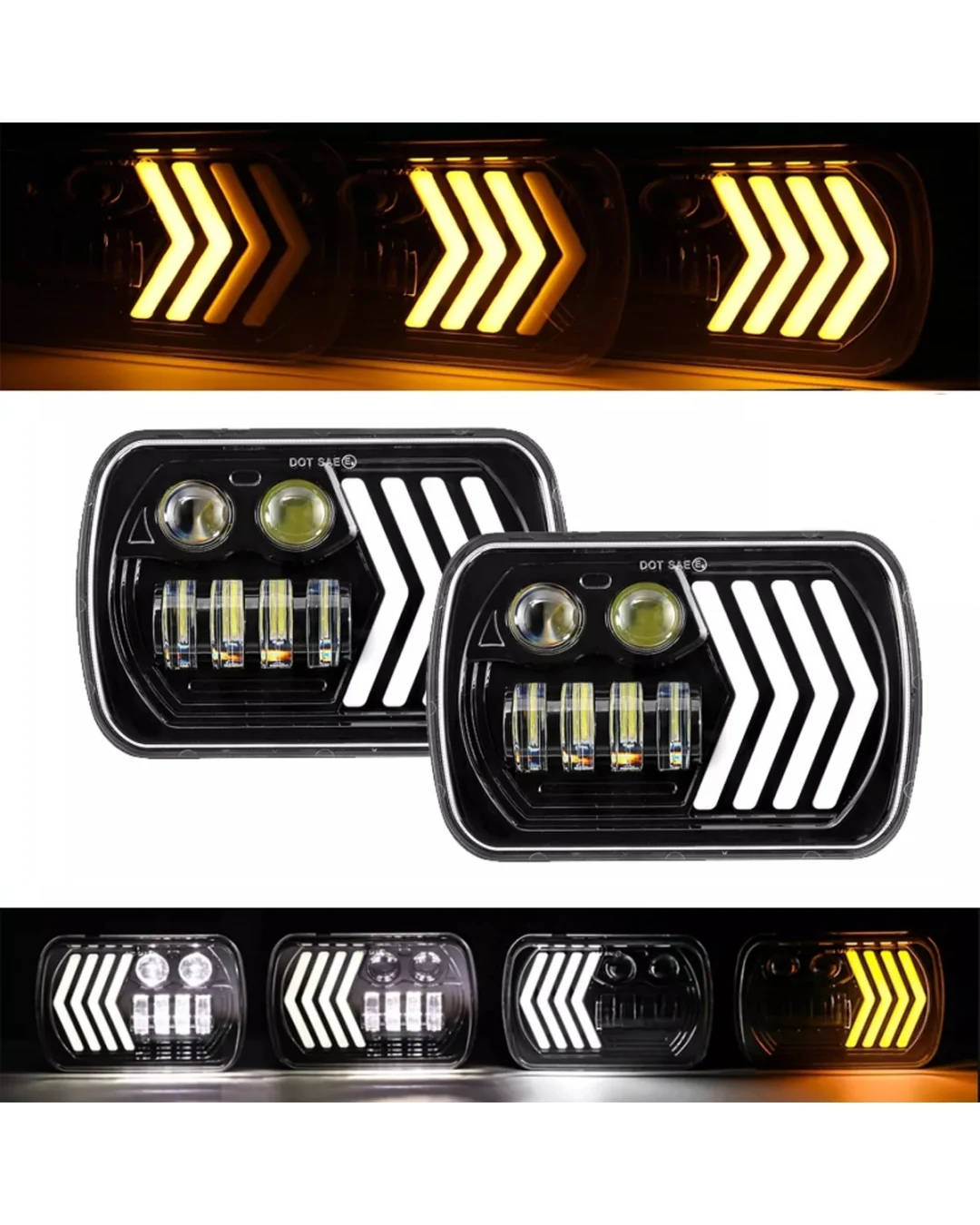 Комплект ляв и десен универсалeн 5x7 инча ЛЕД LED фар лампа халоген 12V-24V къси/дълги с DRL дневни светлини мигач бяло-жълто 8250lm за АТВ джип камион трактор и др.