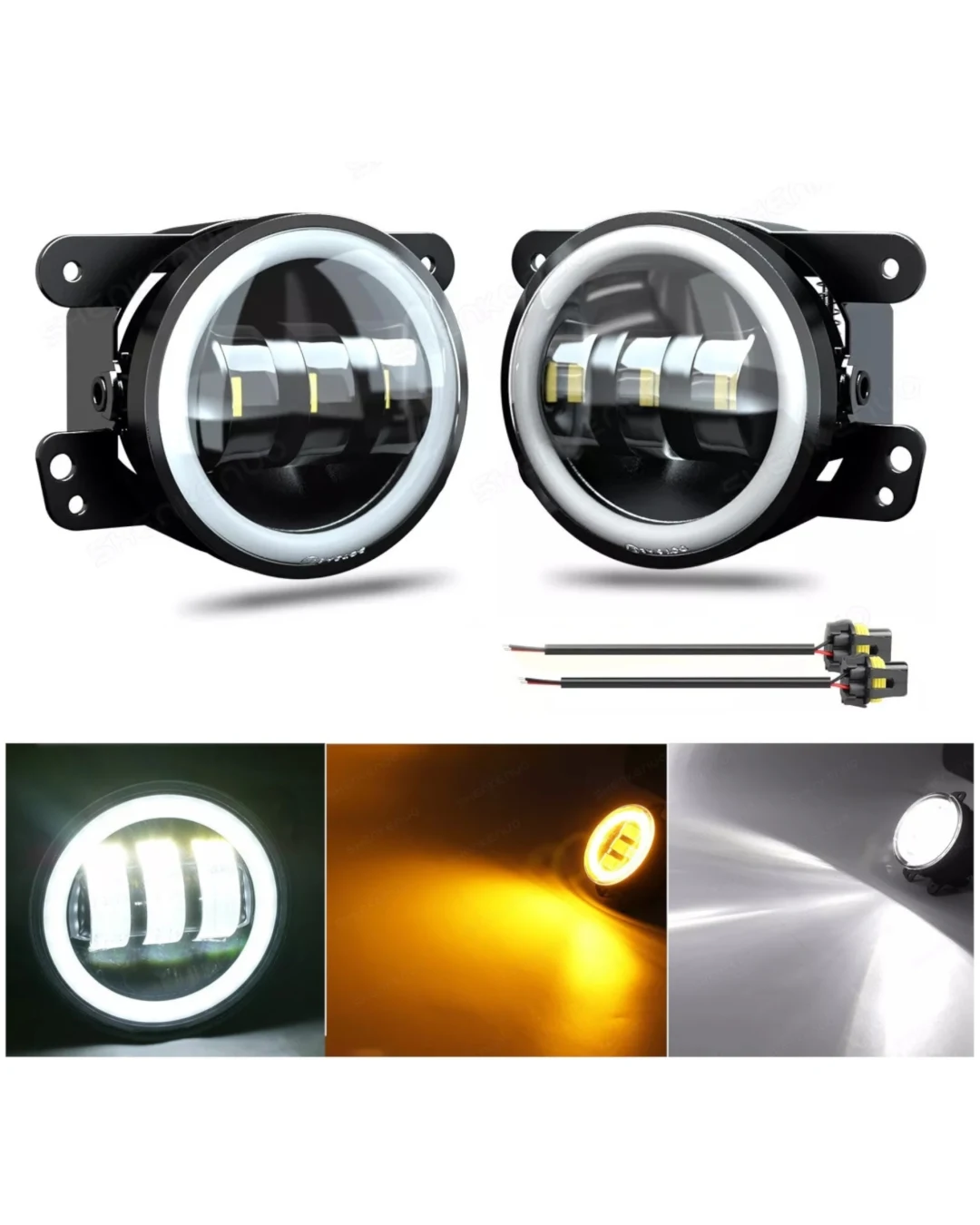 Комплект от 2 броя 4 инча 9.8cм ЛЕД LED фар лампа халоген 12V-24V с DRL дневни светлини мигач бяло-жълто за Jeep Dodge Chrysler Peugeot Ford CITROËN Opel Dacia Jaguar PORSCHE Suzuki Nissan RENAULT