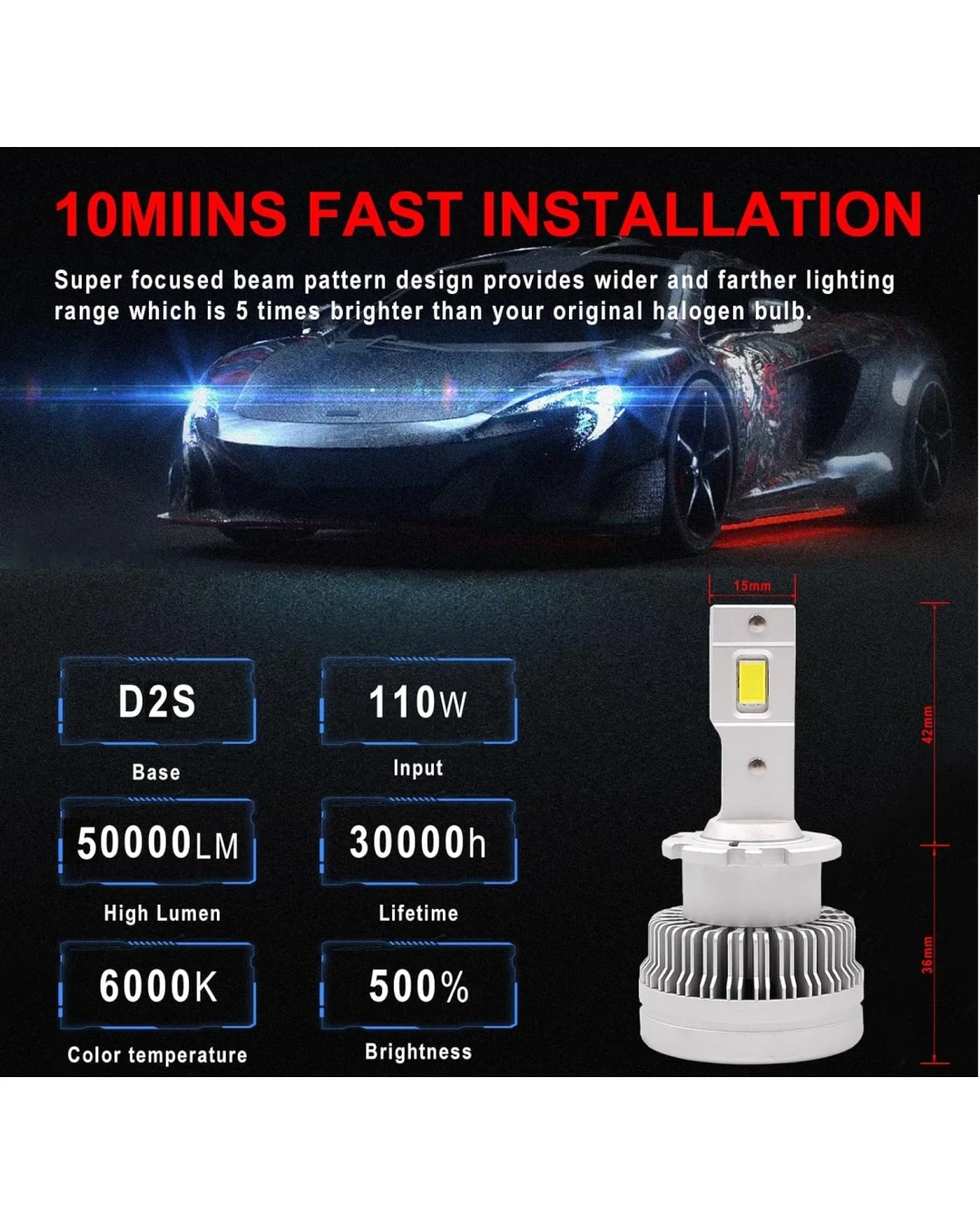 Комплект от 2 броя LED диодни крушки D2S за xenon 12-24V 50000lm Canbus без грешки 6000K