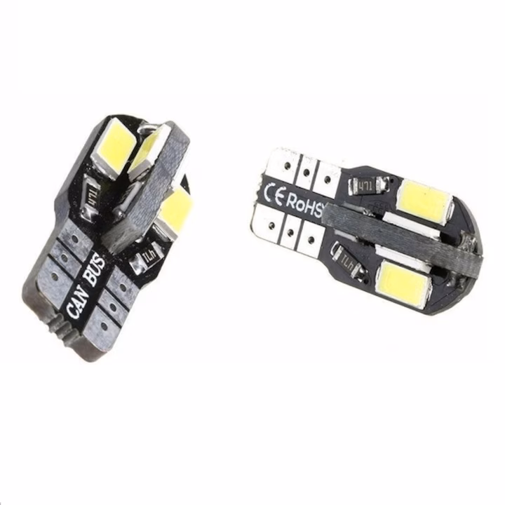 Комплект от 2 броя Лед Крушки За Габарит Т10 W5W LED 8 SMD 5730 Canbus 12V Бяла Светлина Error free Без грешки в Блистер