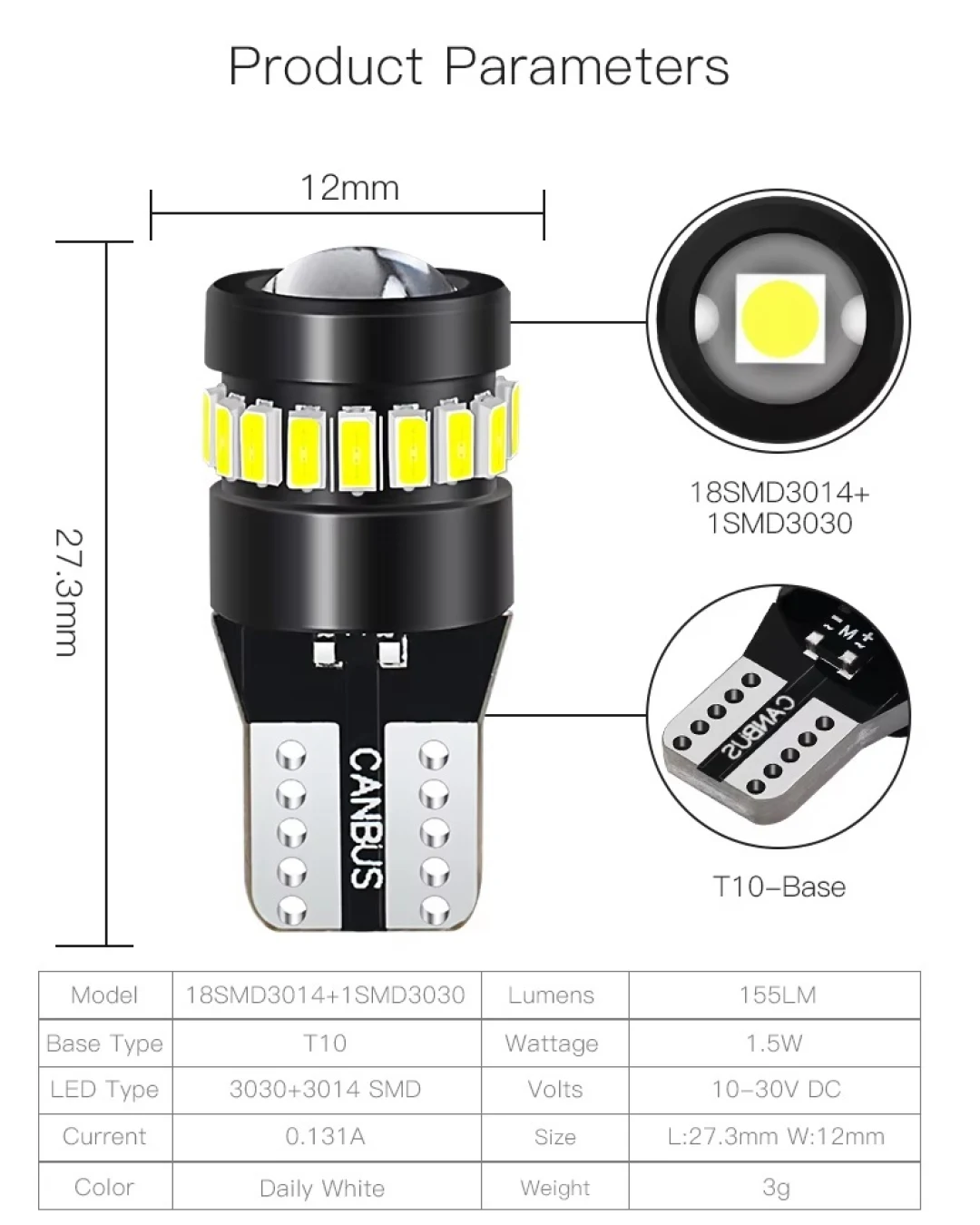 Комплект от 2 броя LED Лед Диодни Крушки За Габарит T10 W5W – 3030 + 3014 SMD, студено бяла светлина 6000K, 12–24V, CANBUS без грешки