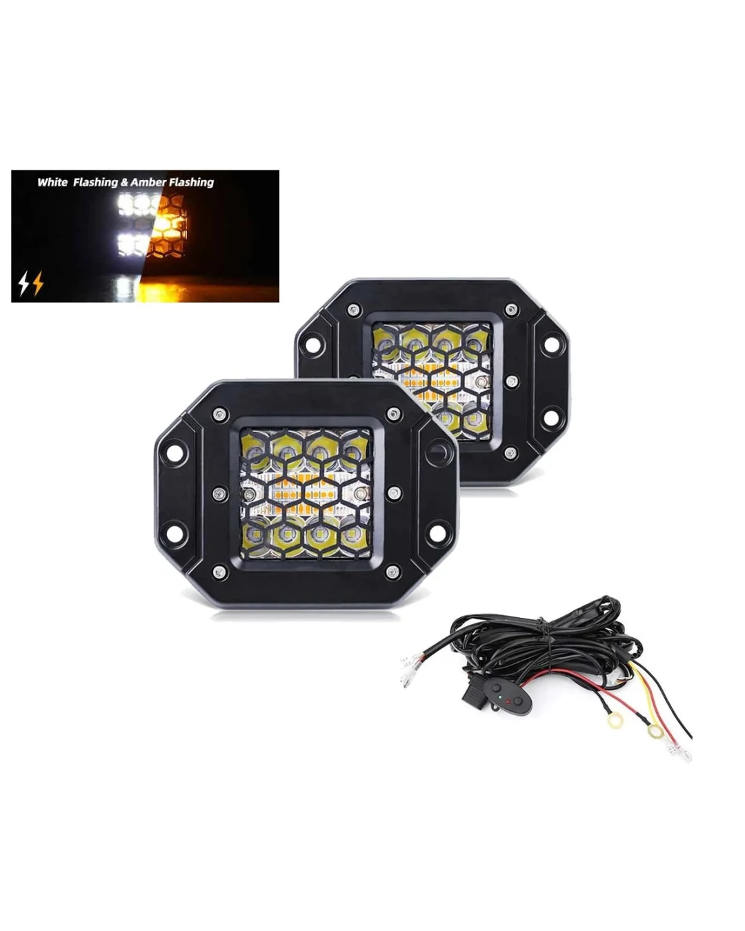 Комплект от 2 броя Лед LED Халогени фарове бяла + оранжева Аварийна Светлина за вграждане 12V - 24V Dual Combo Light Двойна Светлина Flash Блиц Мигащи 6 режима