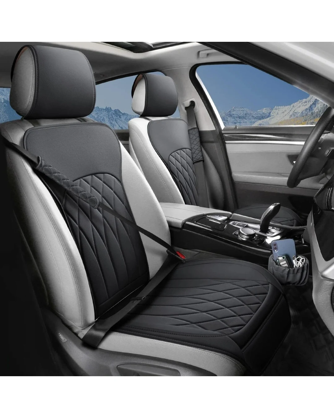 Комплект от 2 броя тапицерия, калъфи за автомобилни седалки, с джоб за съхранение и възглавници за предпазен колан, черни
