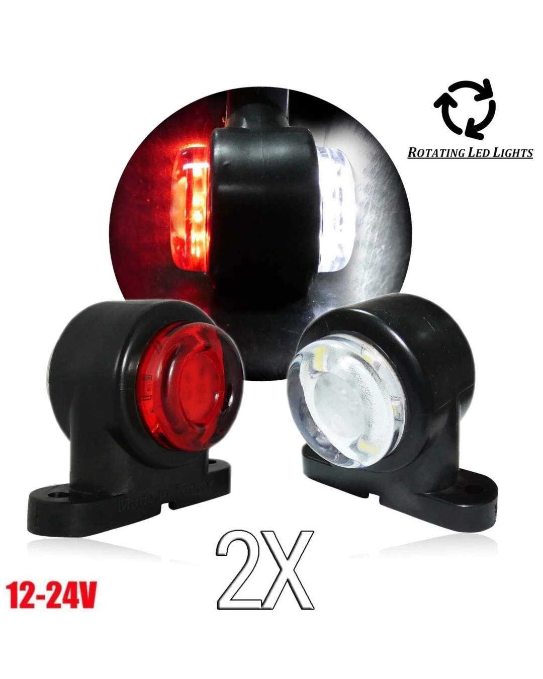 Комплект от 2 броя Въртящи се LED ЛЕД Светодиодни Габарити Токоси Рогче Рогчета 12-24V Червено-Бяло За Ремаркета Платформи Камиони Каравани и др.