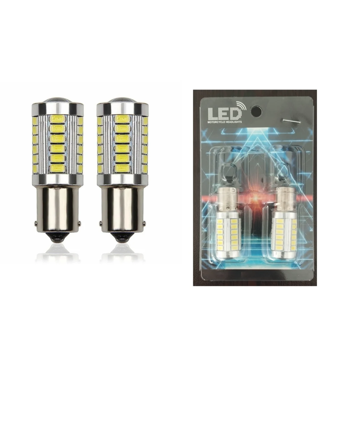 Комплект от 2бр. LED Лед Крушки, 33 SMD, С Лупа, BAU15S 1156 (P21W), 12V, Бяла, Светлина Разминати пинове (150°)