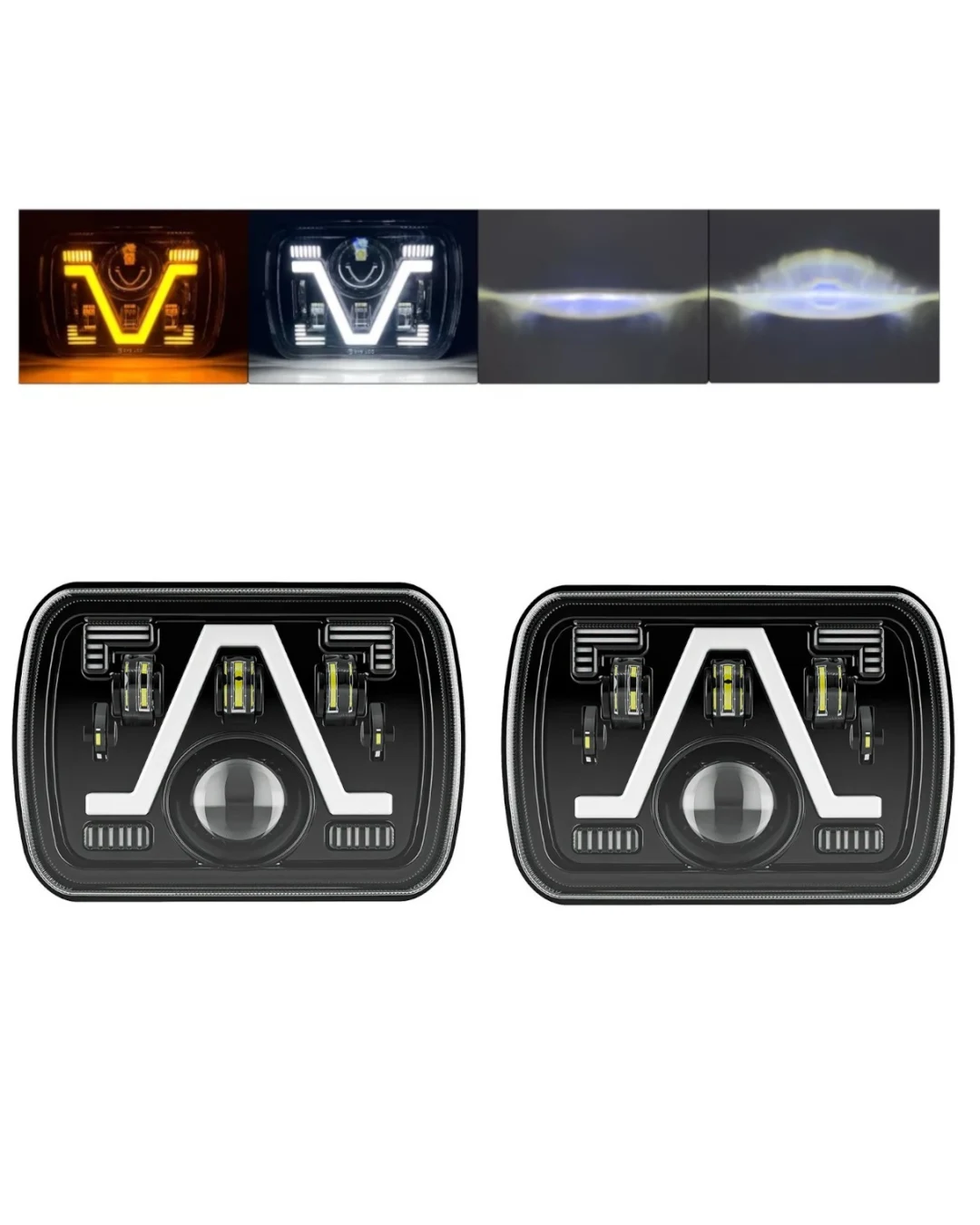Комплект от 2бр. универсалeн 5x7 инча ЛЕД LED фар лампа халоген 12V-24V къси/дълги с DRL дневни светлини мигач бяло-жълто 9600lm за АТВ джип камион трактор и др.