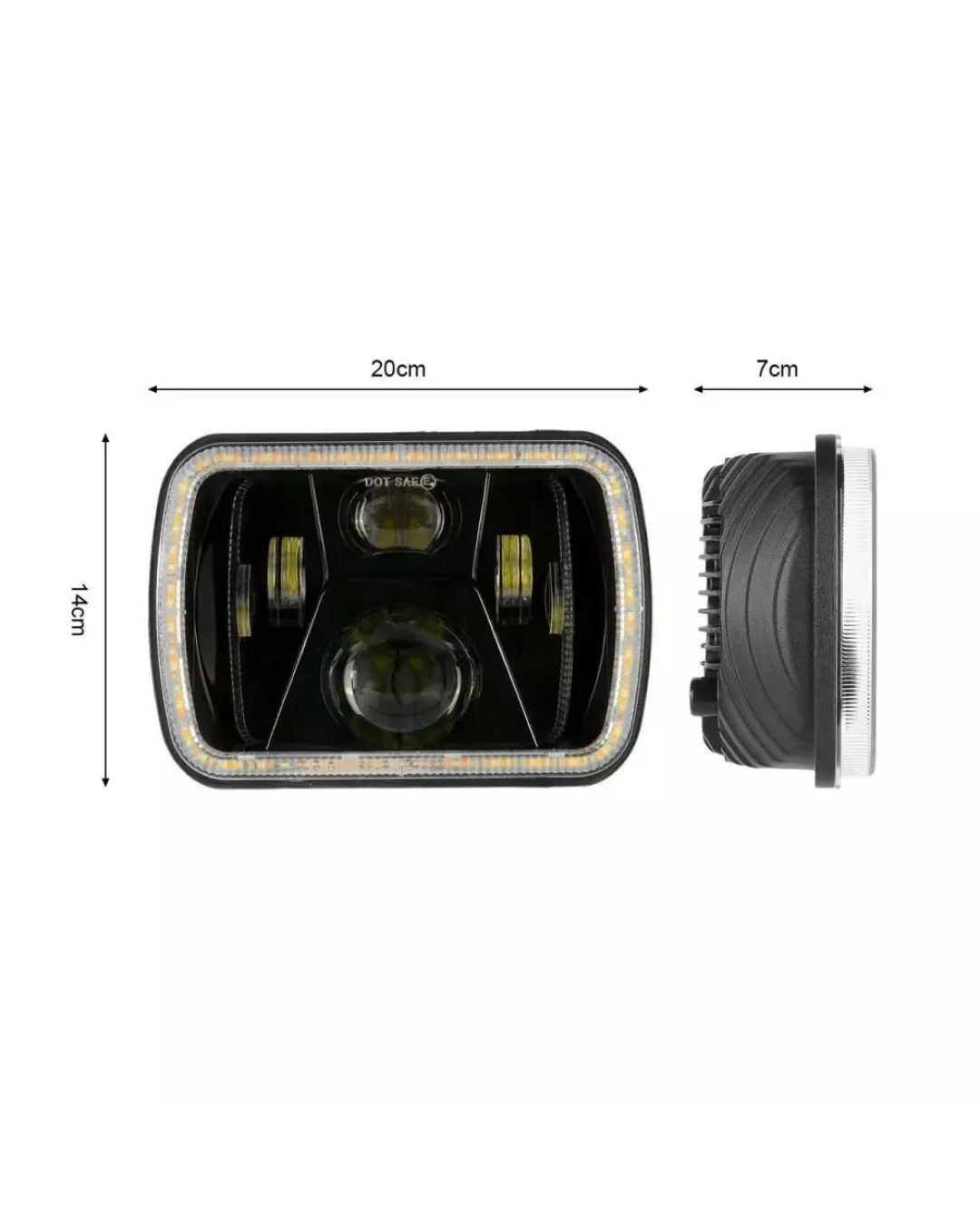 Комплект от 2бр. универсален 60W ЛЕД LED фар лампа халоген 12V-24V къси/дълги с DRL дневни светлини мигач бяло-жълто 20 x 14cm за АТВ джип мотоциклет камион трактор и др