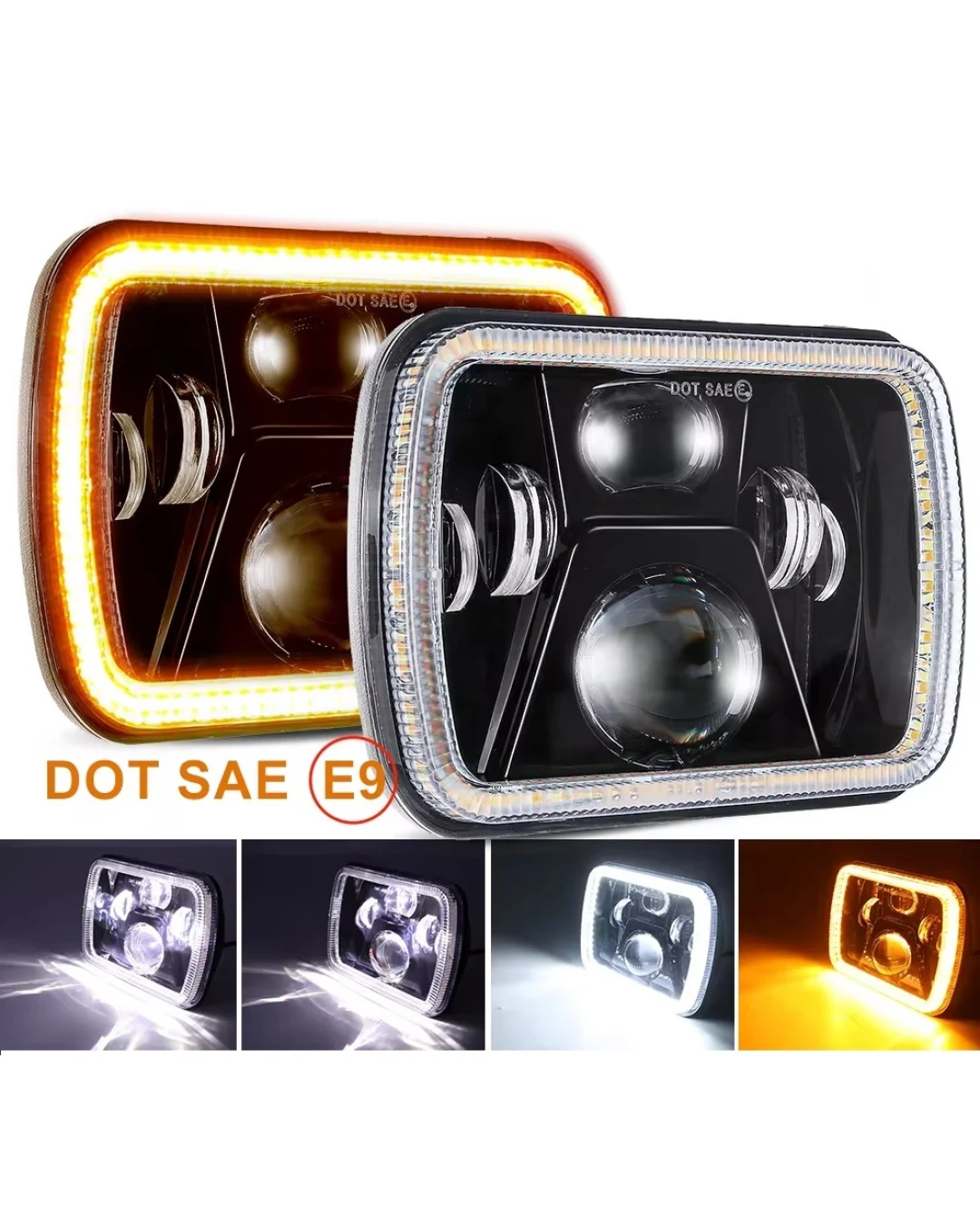 Комплект от 2бр. универсален 60W ЛЕД LED фар лампа халоген 12V-24V къси/дълги с DRL дневни светлини мигач бяло-жълто 20 x 14cm за АТВ джип мотоциклет камион трактор и др