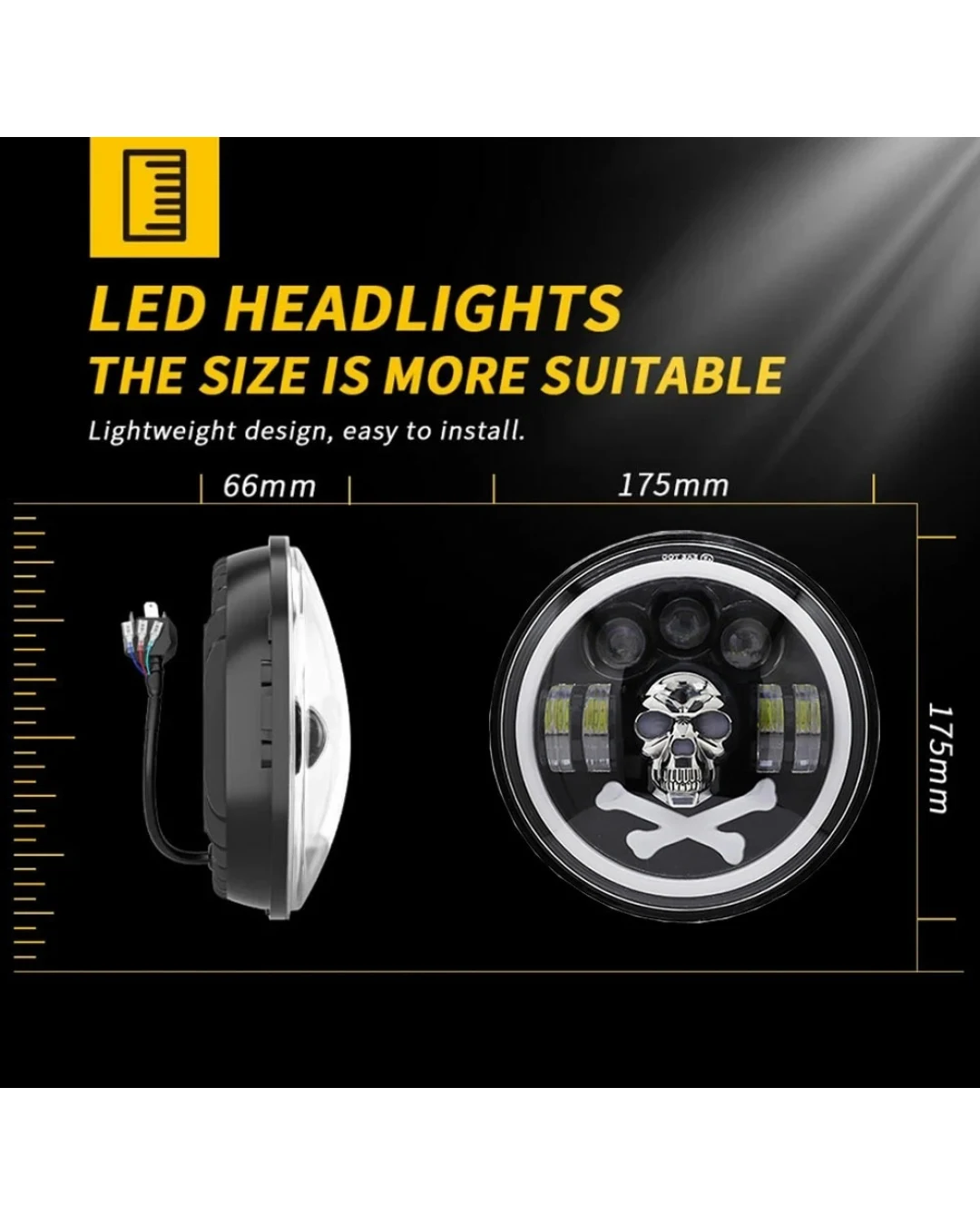 Комплект от 2бр. универсален 7 инча 18см ЛЕД LED фар халоген 12V-24V къси/дълги с DRL дневни светлини мигач бяло-жълто и череп с RGB подсветка с 6 различни цвята за АТВ джип мотоциклет камион трактор 