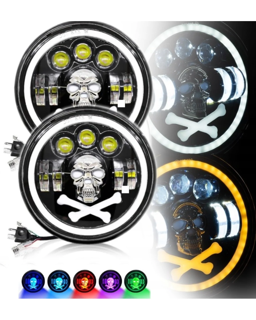 Комплект от 2бр. универсален 7 инча 18см ЛЕД LED фар халоген 12V-24V къси/дълги с DRL дневни светлини мигач бяло-жълто и череп с RGB подсветка с 6 различни цвята за АТВ джип мотоциклет камион трактор 