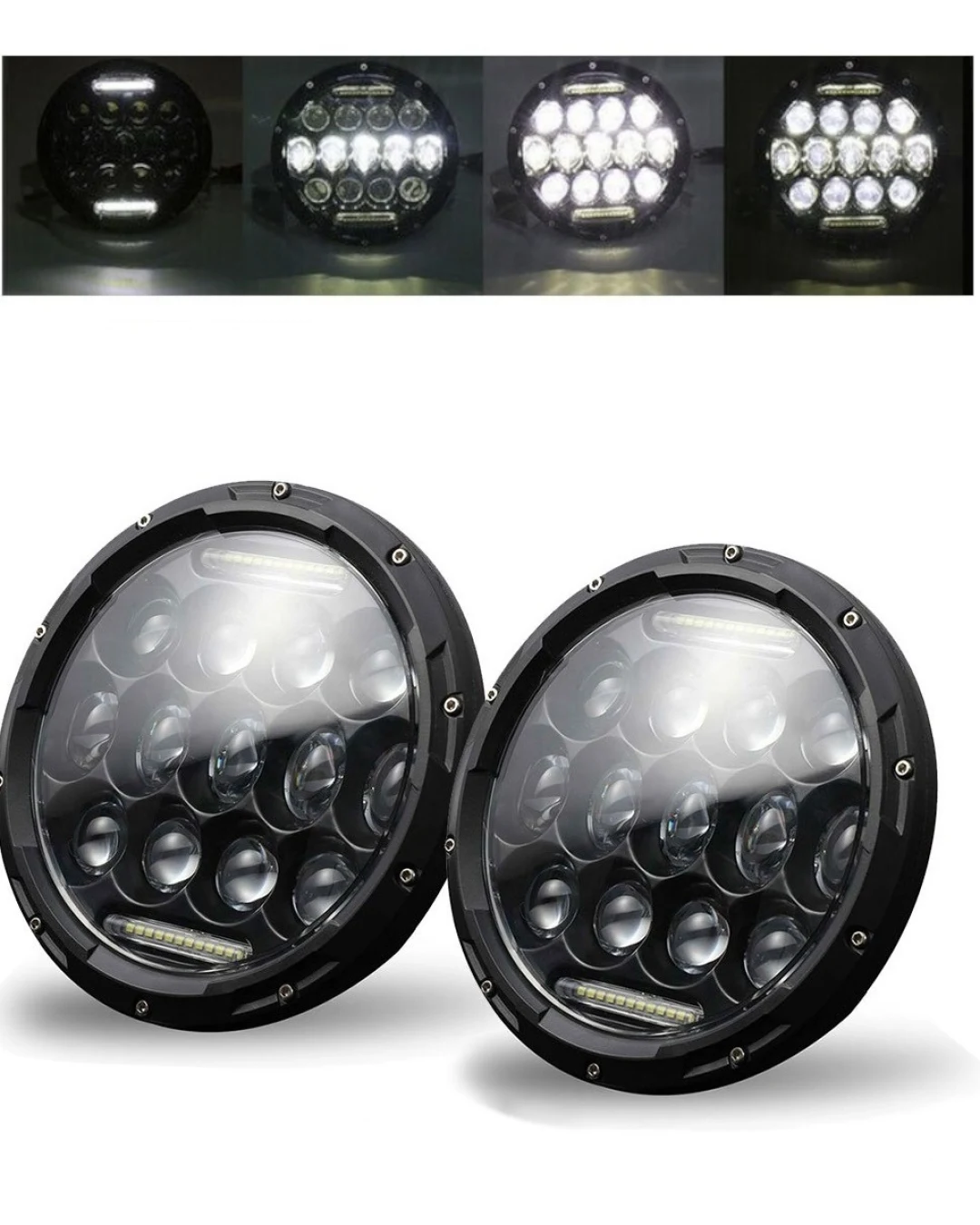 Комплект от 2бр. универсален 7 инча 18см ЛЕД LED фар лампа халоген 12V-24V къси/дълги с DRL дневни светлини бяло 8000lm за АТВ джип мотоциклет камион трактор и др.