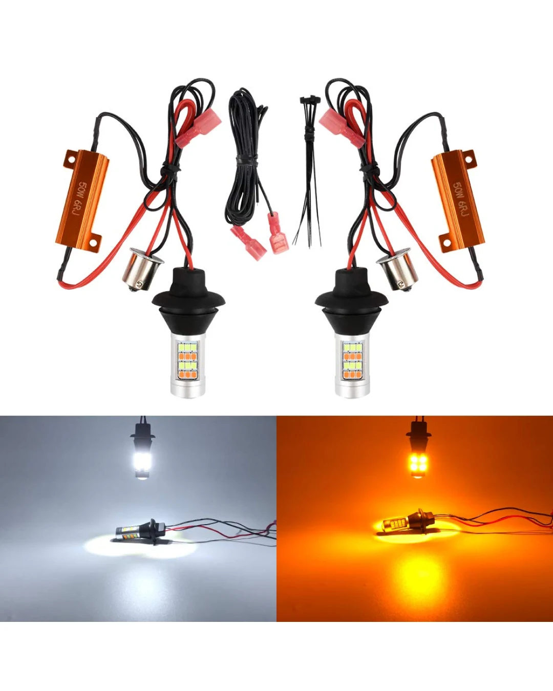 Комплект от 2броя LED диодни DRL дневни светлини с вграден мигач 12V 8W S25/1156/BA15S/P21W Can Bus без Грешки