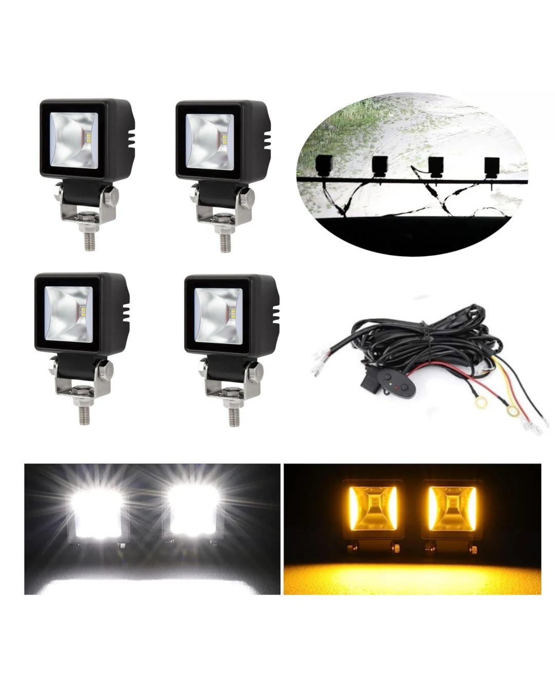 Комплект от 4 броя Лед LED Халогени Лампи с окабеляване Бяла Flood + Оранжева DRL Светлина 12V - 24V за Off Road 4X4 SUV джип мотор автомобил камион градина и др.