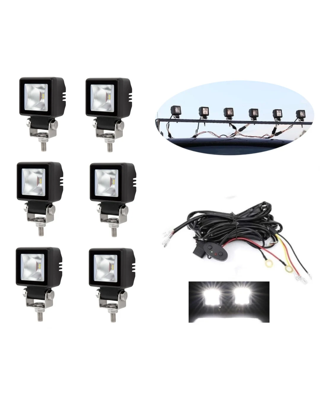Комплект от 6 броя Лед LED Халогени Лампи с окабеляване Бяла Flood + Бяла DRL Светлина 12V - 24V за Off Road 4X4 SUV джип мотор автомобил камион градина и др.