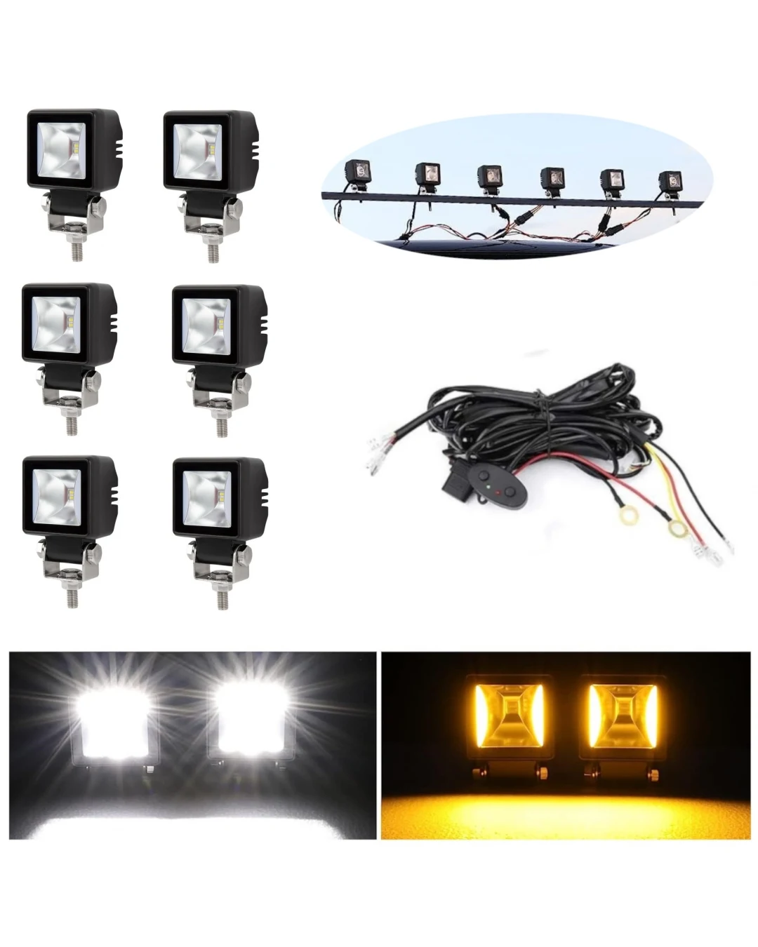 Комплект от 6 броя Лед LED Халогени Лампи с окабеляване Бяла Flood + Оранжева DRL Светлина 12V - 24V за Off Road 4X4 SUV джип мотор автомобил камион градина и др.