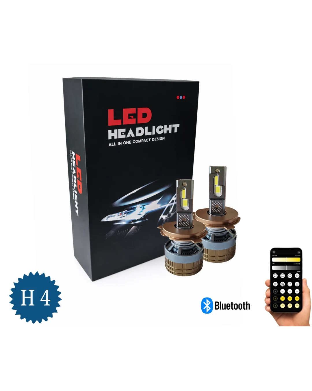 Комплект Smart LED крушки H4 – къси / дълги светлини, Два цвята, CSP Dual Color 3500K – 6500K, Bluetooth приложение, CANBUS, 70W, 12–24V