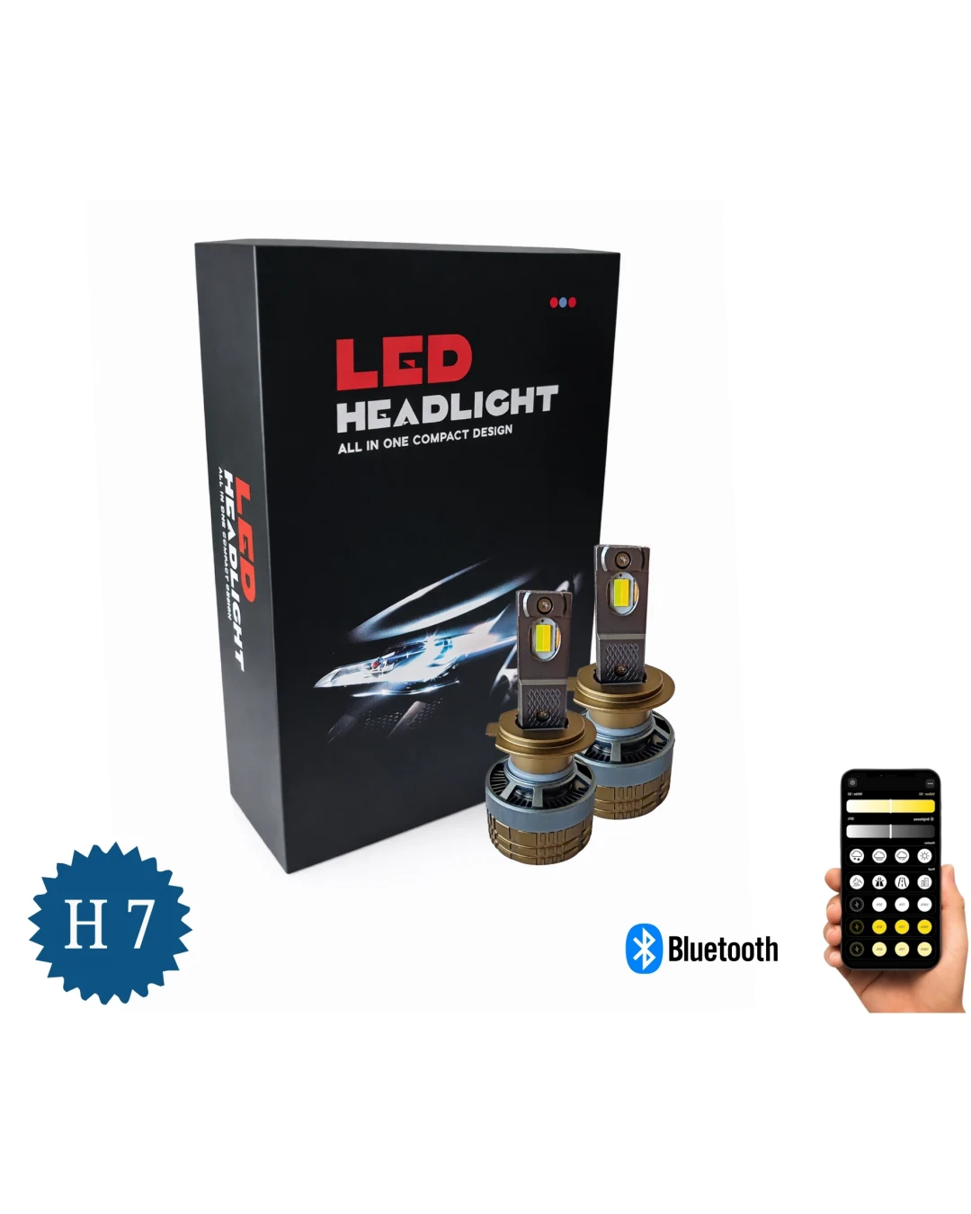 Комплект Smart LED крушки H7 – Два цвята, CSP Dual Color 3500K – 6500K, Bluetooth приложение, CANBUS, 70W, 12–24V