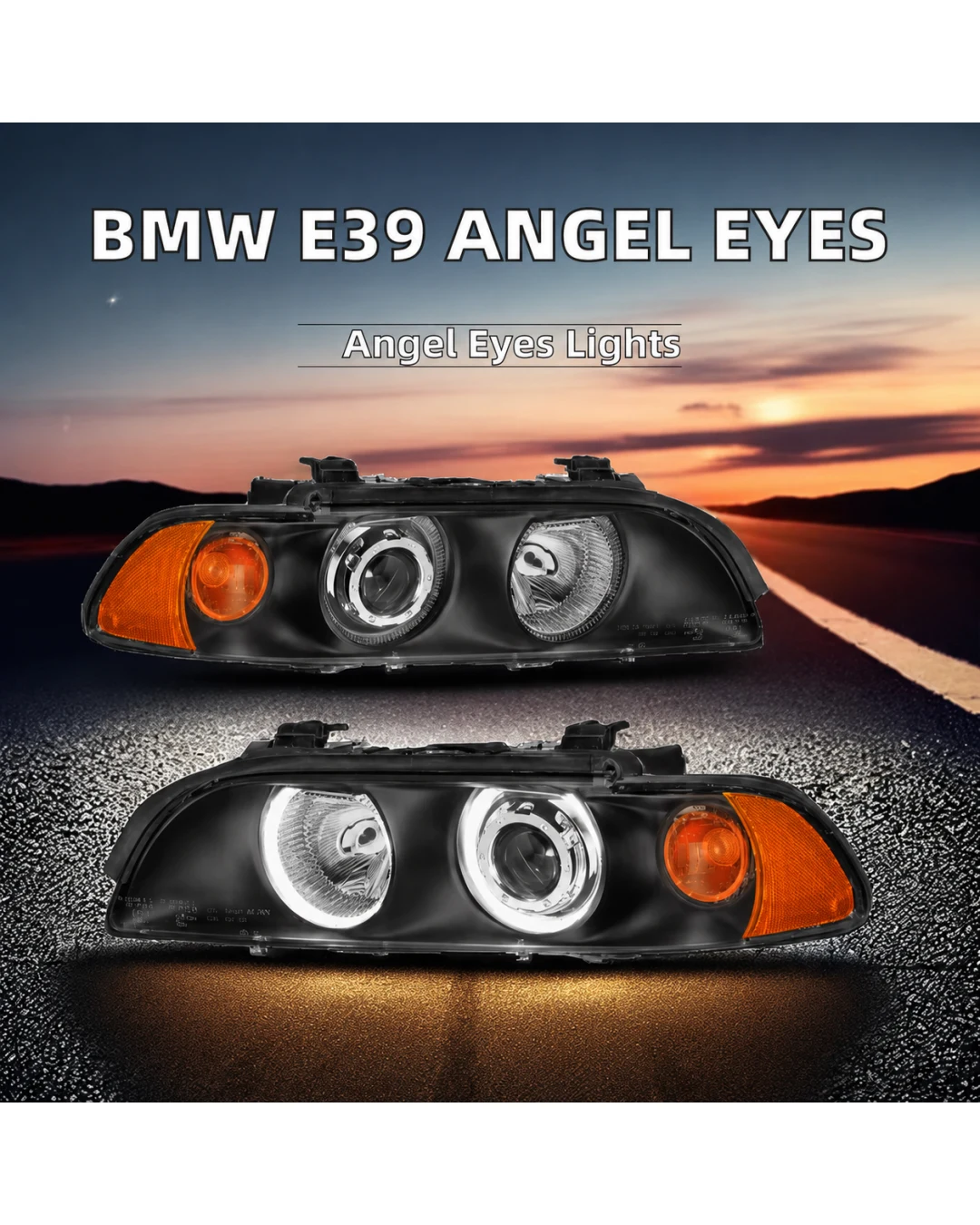 Комплект тунинг фарове с Angel Eyes за BMW 5-та серия E39 1997–2003г. черни с крушки