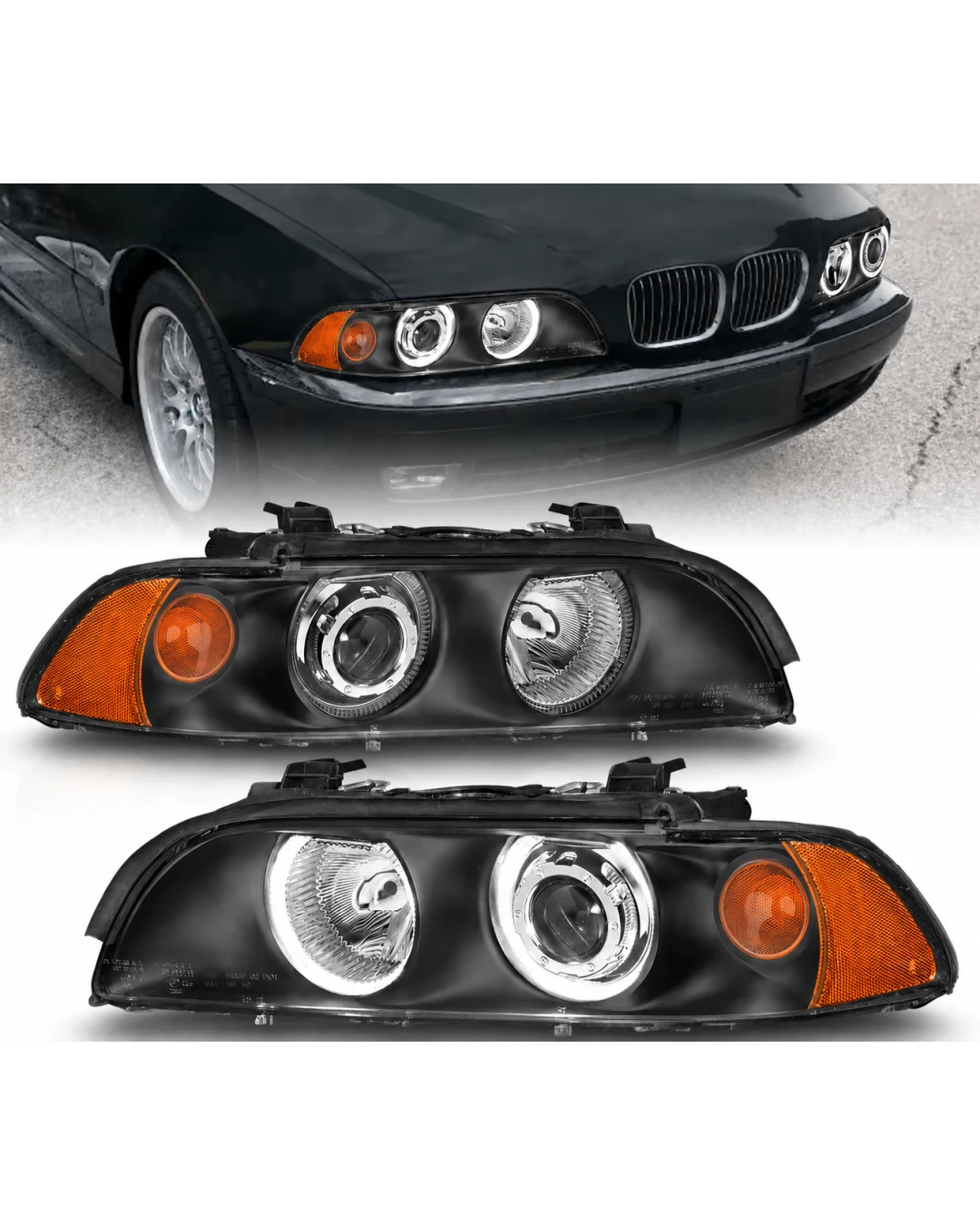 Комплект тунинг фарове с Angel Eyes за BMW 5-та серия E39 1997–2003г. черни с крушки