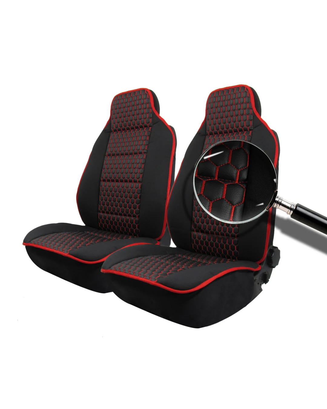 Комплект Универсална Тапицерия Тип Масажор 1+1 за Предни Седалки Лукс Черна със Червен шев, Еко Кожа